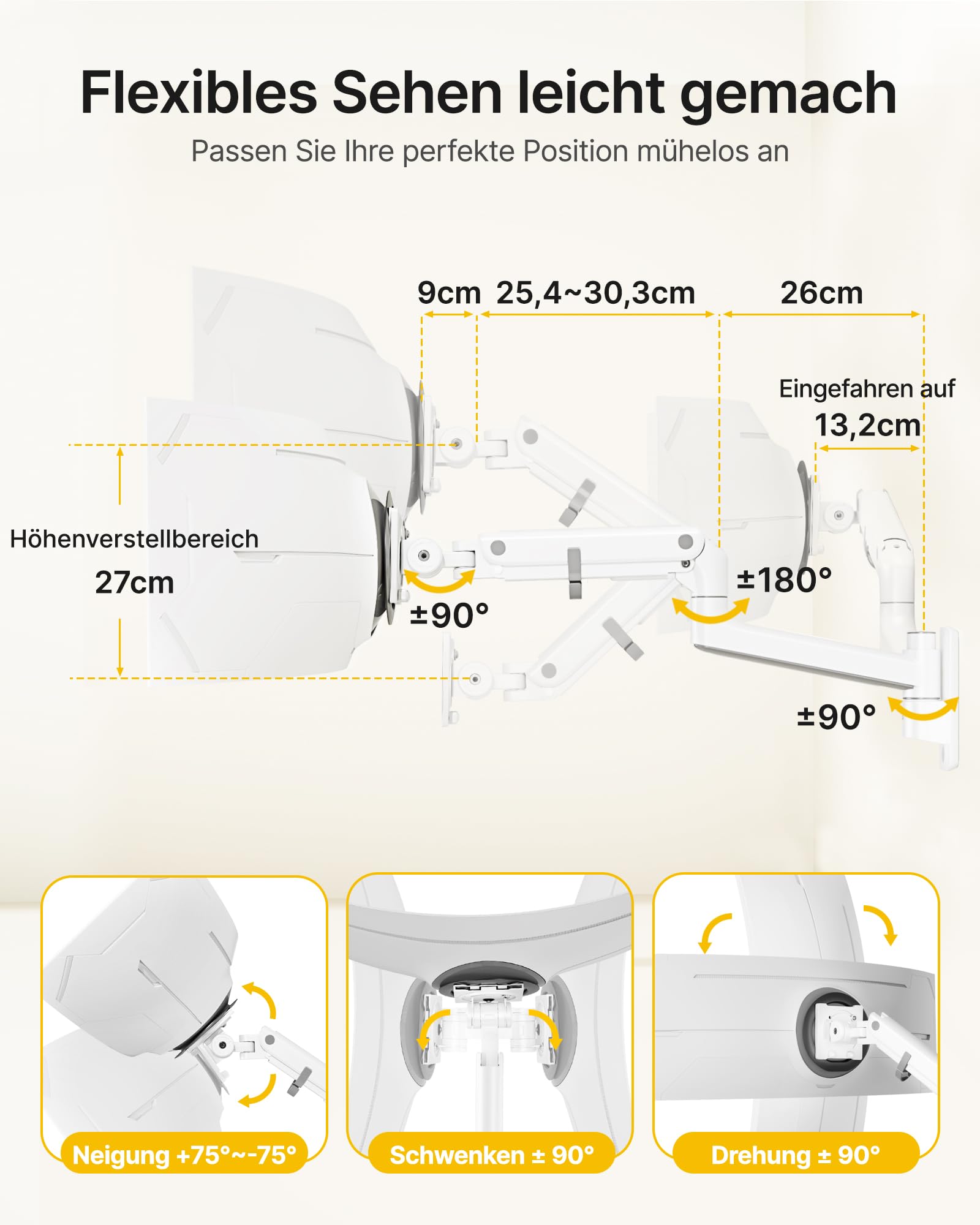 monTEK Supporto da parete per monitor da 17-57 pollici Ultrawide fino a 27 kg | Braccio per monitor con molla a gas, con piena mobilità e altezza regolabile, VESA 75 x 75/100 x 100, bianco