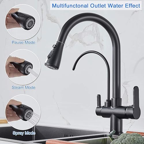 Miniatura 2 de MENATT Grifo comercial 3 en 1 de agua potable, purificador de filtro de agua de arco alto, grifo de cocina extraíble de doble manija (negro mate)
