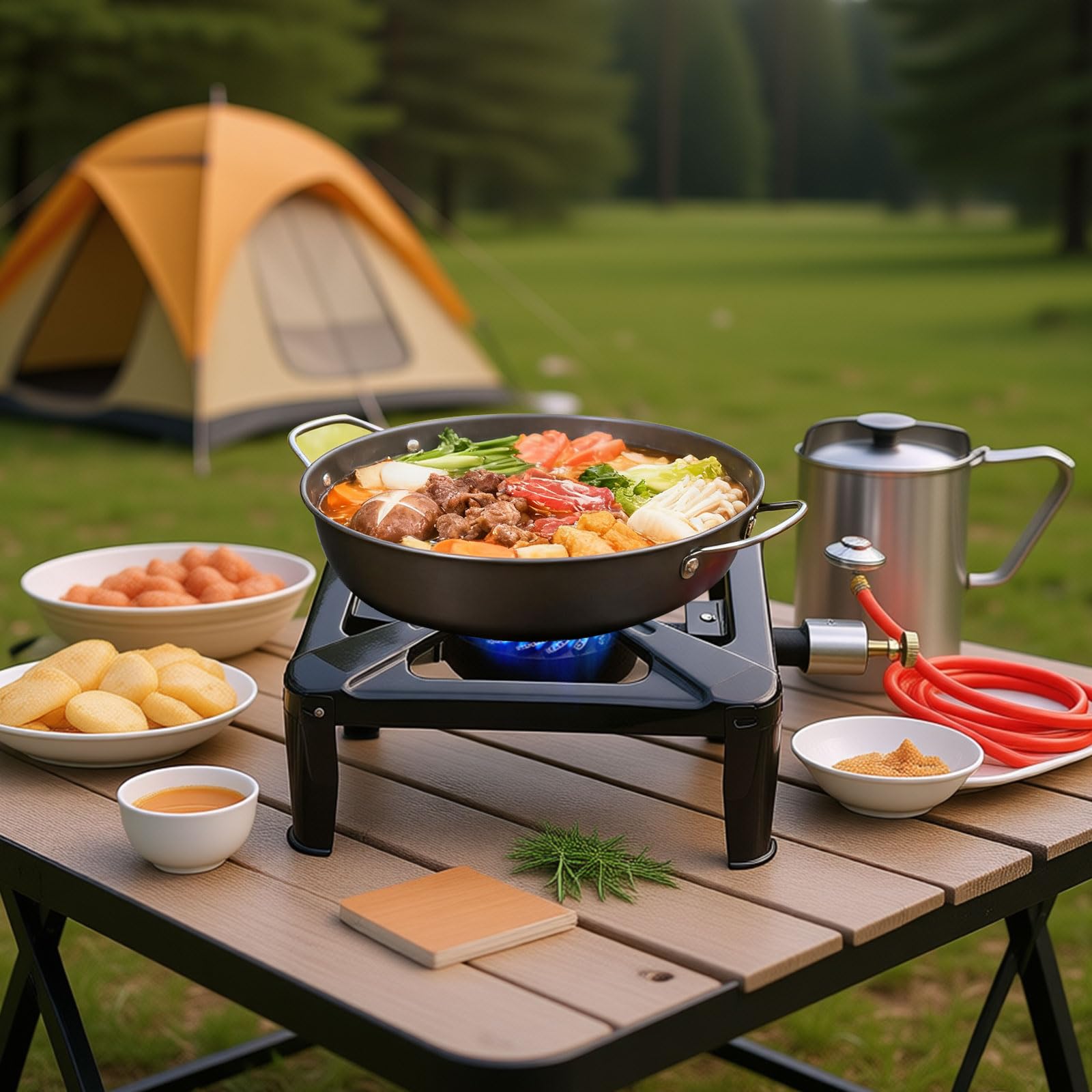 Réchaud à gaz 10 kW - 40 x 40 x 15 cm - 1 feu - Avec tuyau de 1,5 m et régulateur de pression de 50 mbar - Réchaud à gaz à 4 pieds - Pour camping et randonnée