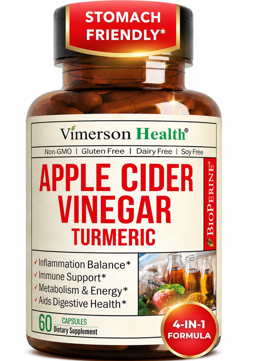 Apple Cider Vinegar Capsules with Turmeric, Ginger & BioPerine 60 Capsules 60 Count (Pack of 1)