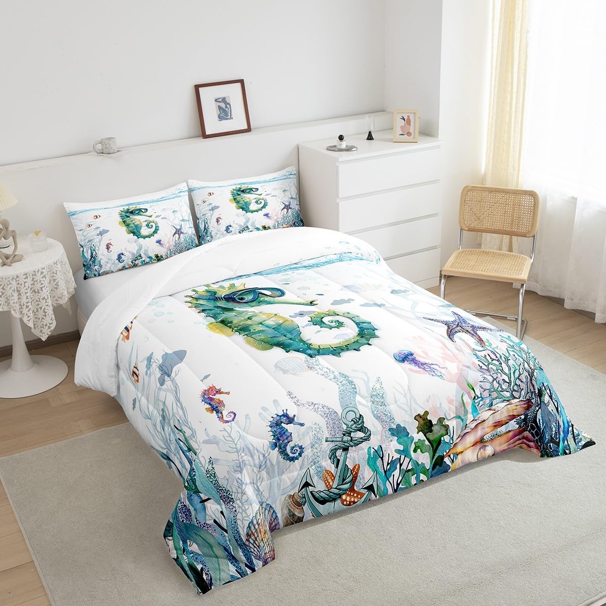 Feelyou Green Seahorse Comforter Set for Girls Boys Kids Twin Size Ocean Creature Themed Comforter Room Decor Sea Underwater World Bedding Set Ocean Duvet Set 2Pcs Quilt Set