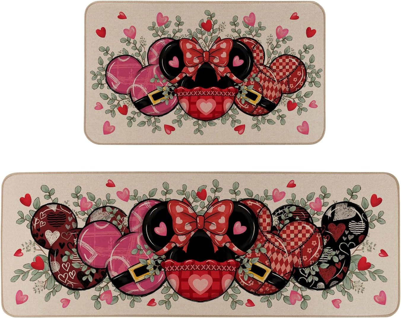 Moutina Valentines Kitchen Rugs Set of 2, Valentines Day Home Decor Low-Profile Kitchen Mats for Floor - 17x29 and 17x47 Inch