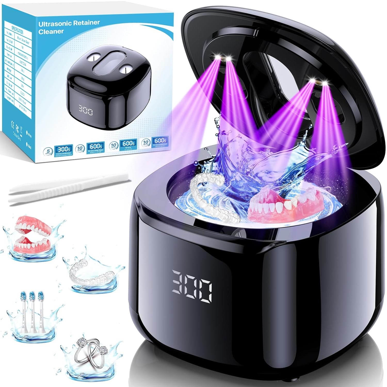 Ultrasonic Retainer Cleaner Machine, 49KHz 220ML Dental Cleaning Pod with Digital Timer, Deep Cleaning Ultrasonic Dentures Cleaner for Night Guards, Braces, Aligner, Toothbrush, Jewelry, Black