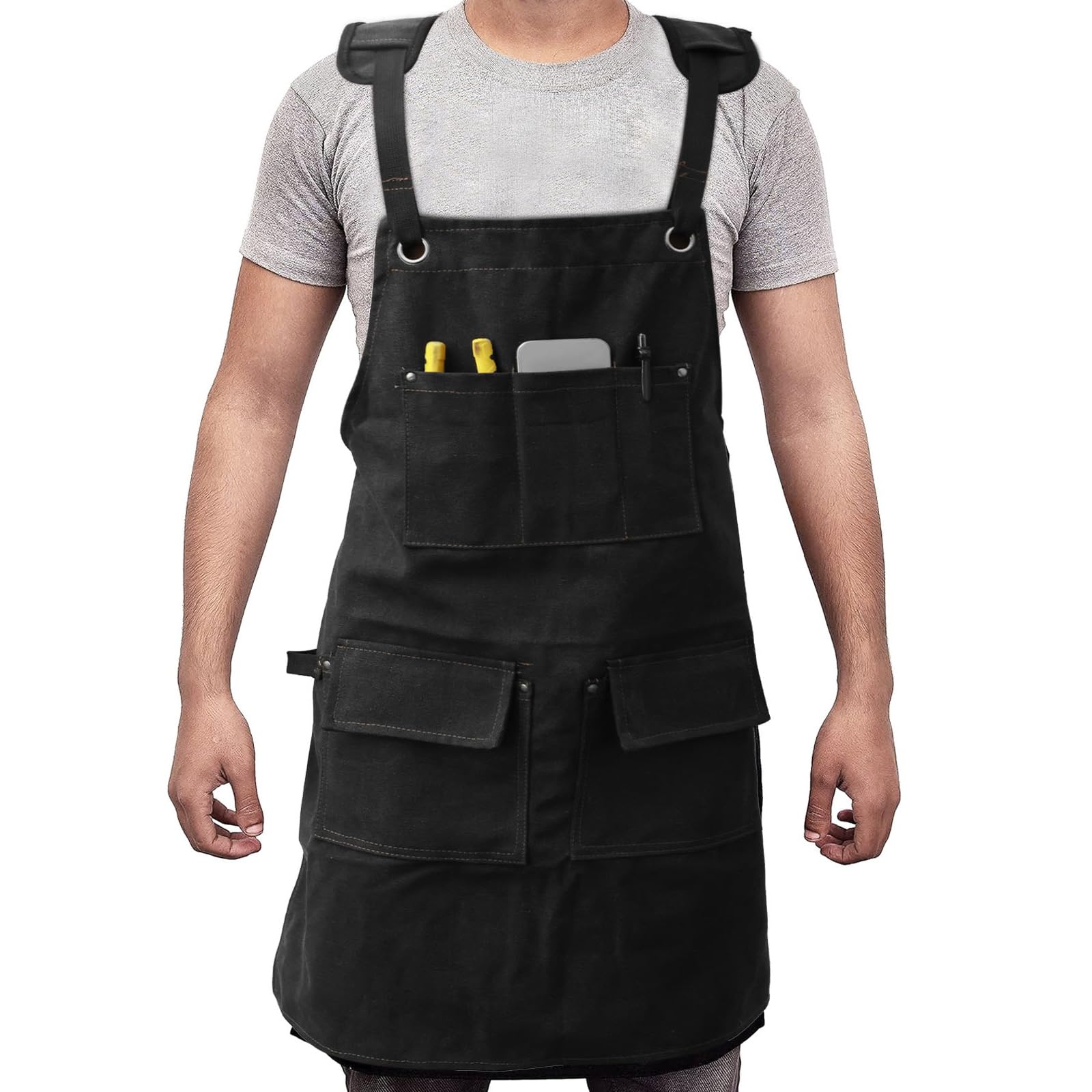 YUNYOUC Woodworking Apron with 5 Tool Pocket, Heavy Duty Waterproof Oxford Cloth Workshop Tool Aprons, Adjustable Cross Strap Men Housework Apron for M-XXL Men Women Painting (Black)