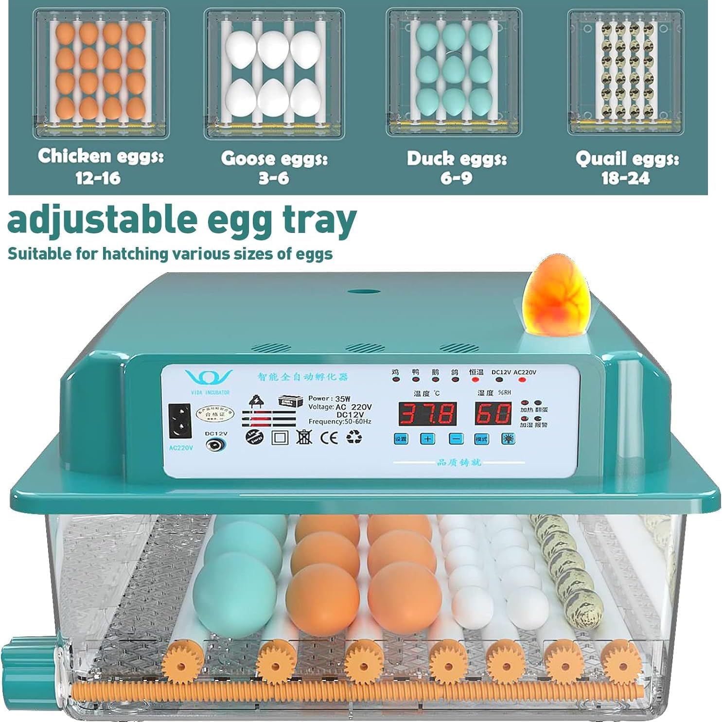 Incubadora de huevos con giro automático, control de temperatura y humedad, reposición de agua, vela de huevo, 5 modos, capacidad de 120 huevos para codorniz, pato, pollo, paloma