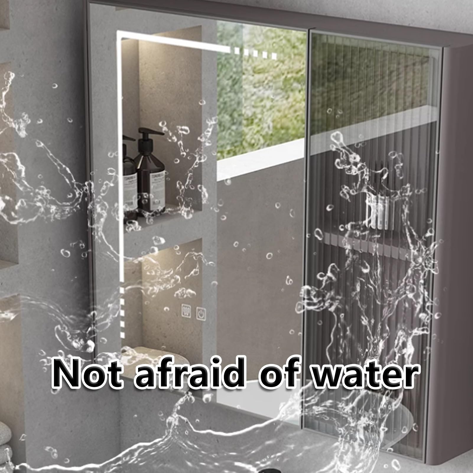 Armadietto da bagno con specchio a LED da incasso, moderno con luci dimmerabili, funzione antiappannamento e contenitore, design elegante e funzionale per bagni contemporanei
