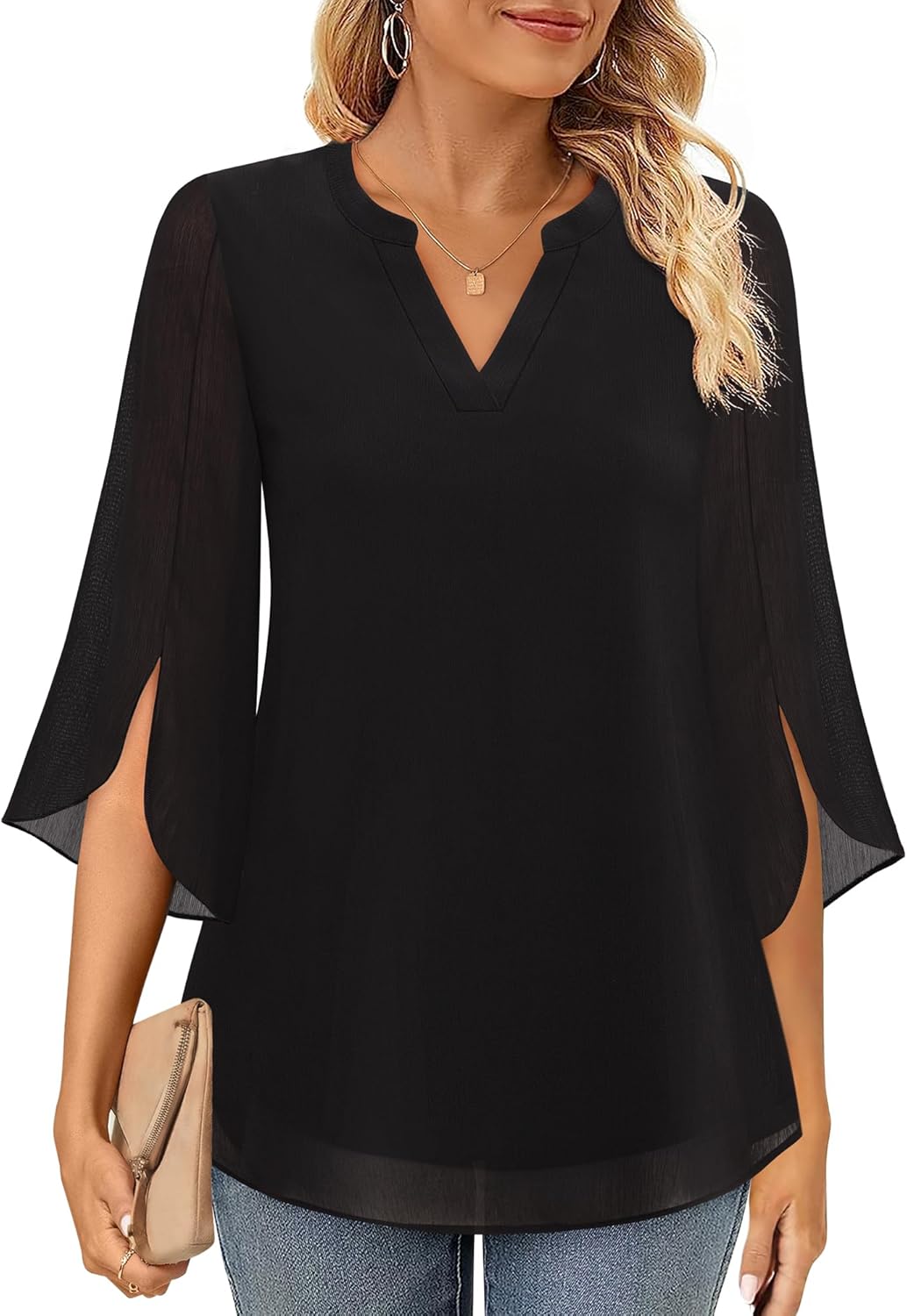 Timeson Women's 3/4 Sleeve Chiffon Blouse Shirt V Neck Dressy Tunic Tops - Image 3