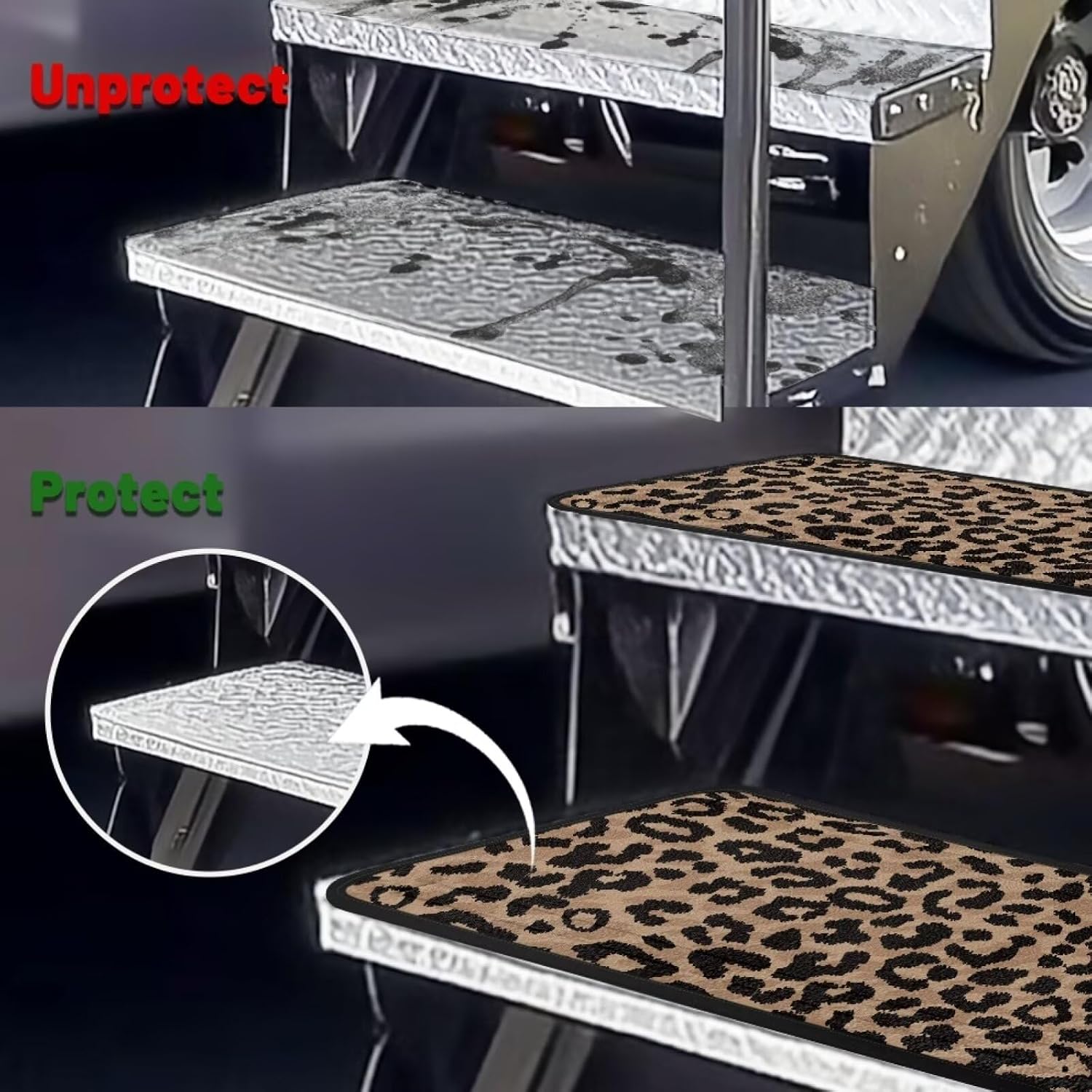 Leopard Print RV Step Cover 4 Pack Quick Drying Brown Outdoor Step Mats for Ladders Trailers Truck Campers RV Steps Treads