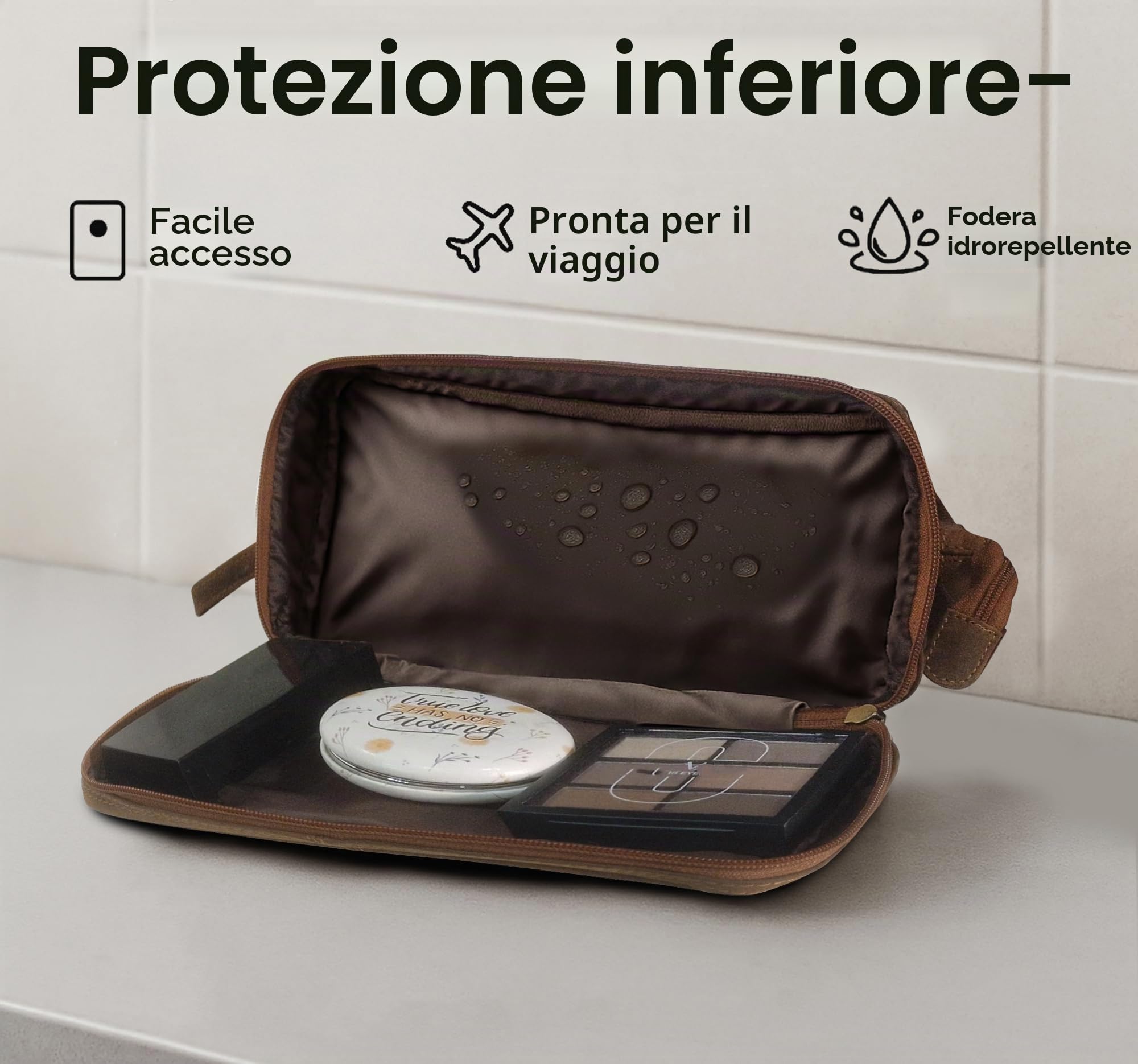 Beauty Case Uomo Pelle - Borsa da Toilette Viaggio Pelle Pieno Fiore | Doppio scomparto, tasca posteriore con zip, fodera impermeabile, organizer barba e profumo, accessori borsa da trucchi donna