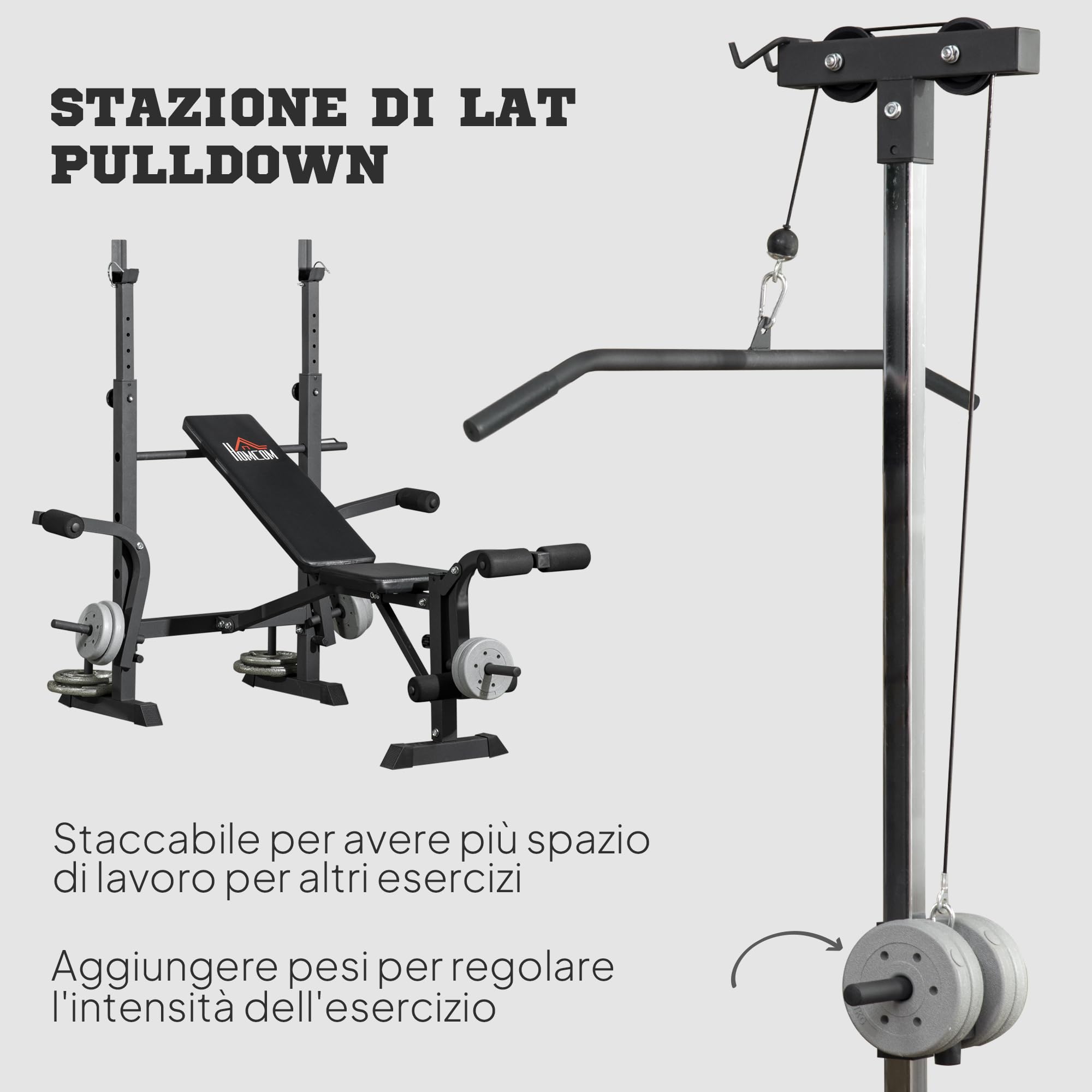 HOMCOM Panca Palestra Multifunzione con Pulley System, Supporto Bilanciere e Schienale Regolabili, Panca Pesi Inclinabile Piana con Leg Extension, Chest Expansion, Portapesi, Allenamento Palestra Casa