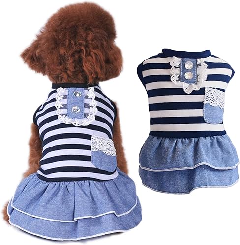 Vestidos de perro para perros pequeños, niñas, chihuahua, vestido de mezclilla para mascotas, lindas faldas de camiseta de rayas, faldas de princesa