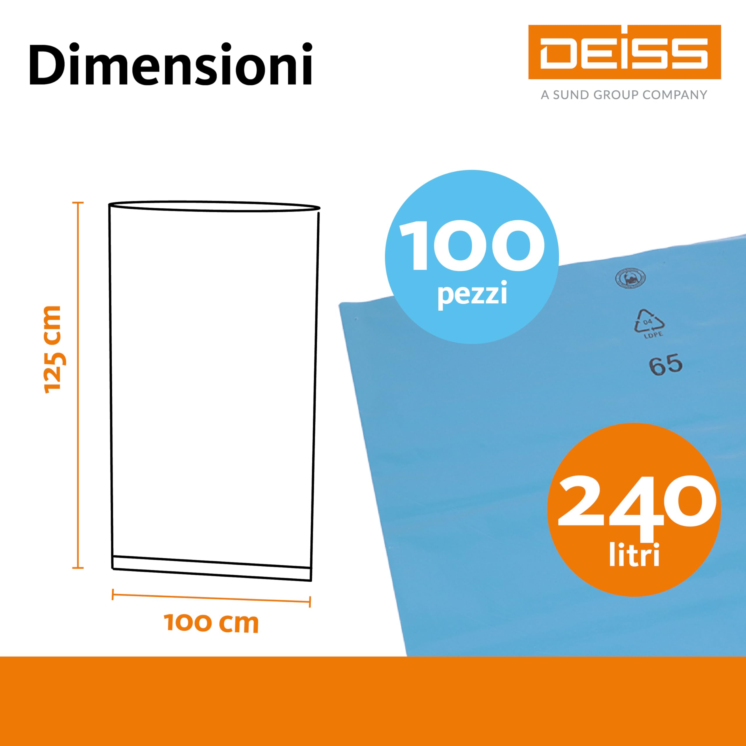 DEISS Sacchi Rifiuti 240 L Blu – 1000×1250 mm LDPE Riciclato 60 µm – Confezione da 100 Pezzi