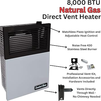 Comfort Glow Direct Vent Natural Gas Wall Heater, 8,000 BTU, Silver- DVN08