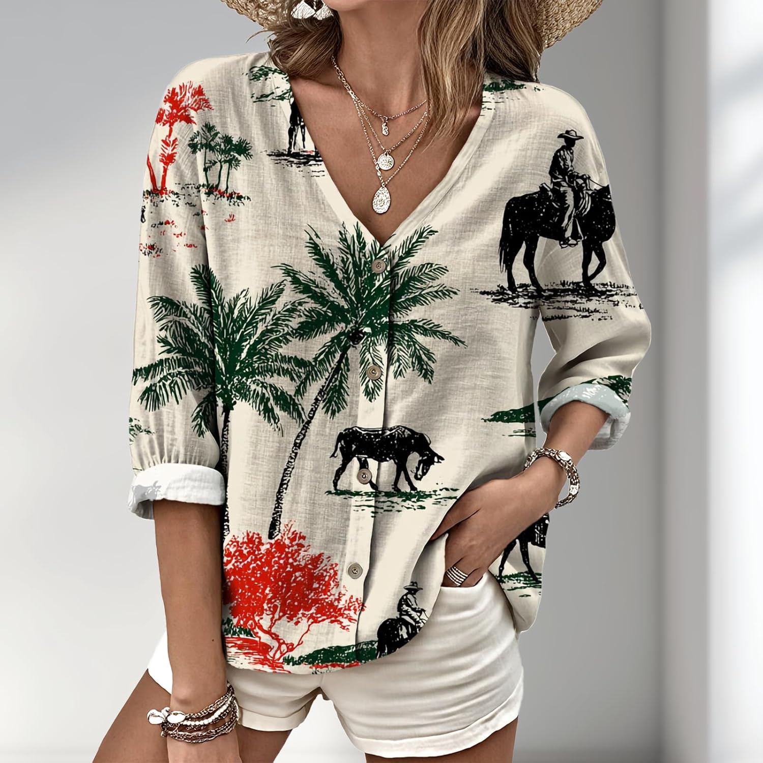 Button Down Shirt Women V Neck Graphic T Shirt Elegant Soft and Comfy Long Sleeve Top Casual Wear Plus Size - Image 2