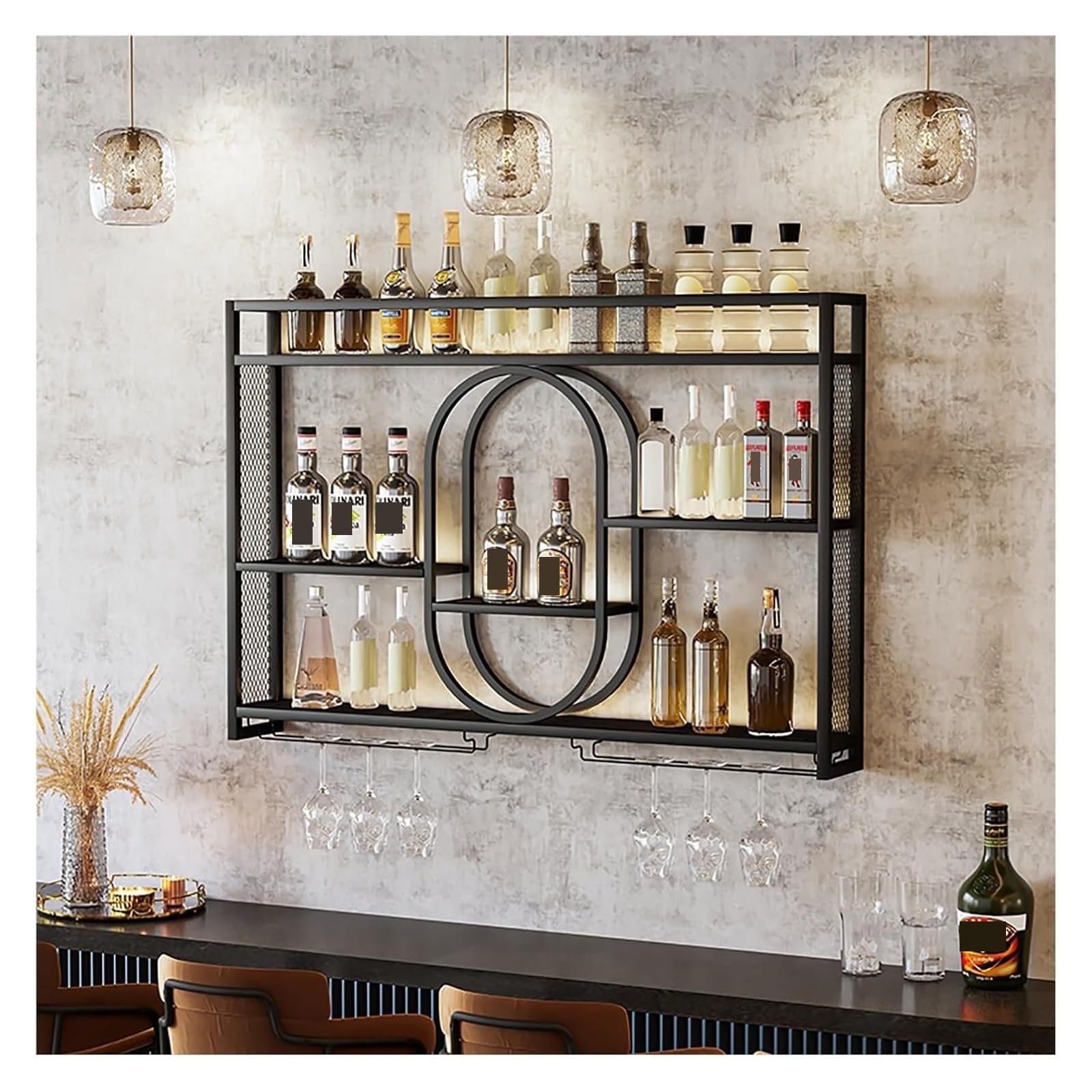 Casier à vin mural LED noir 100x15x80cm avec support pour verres suspendu