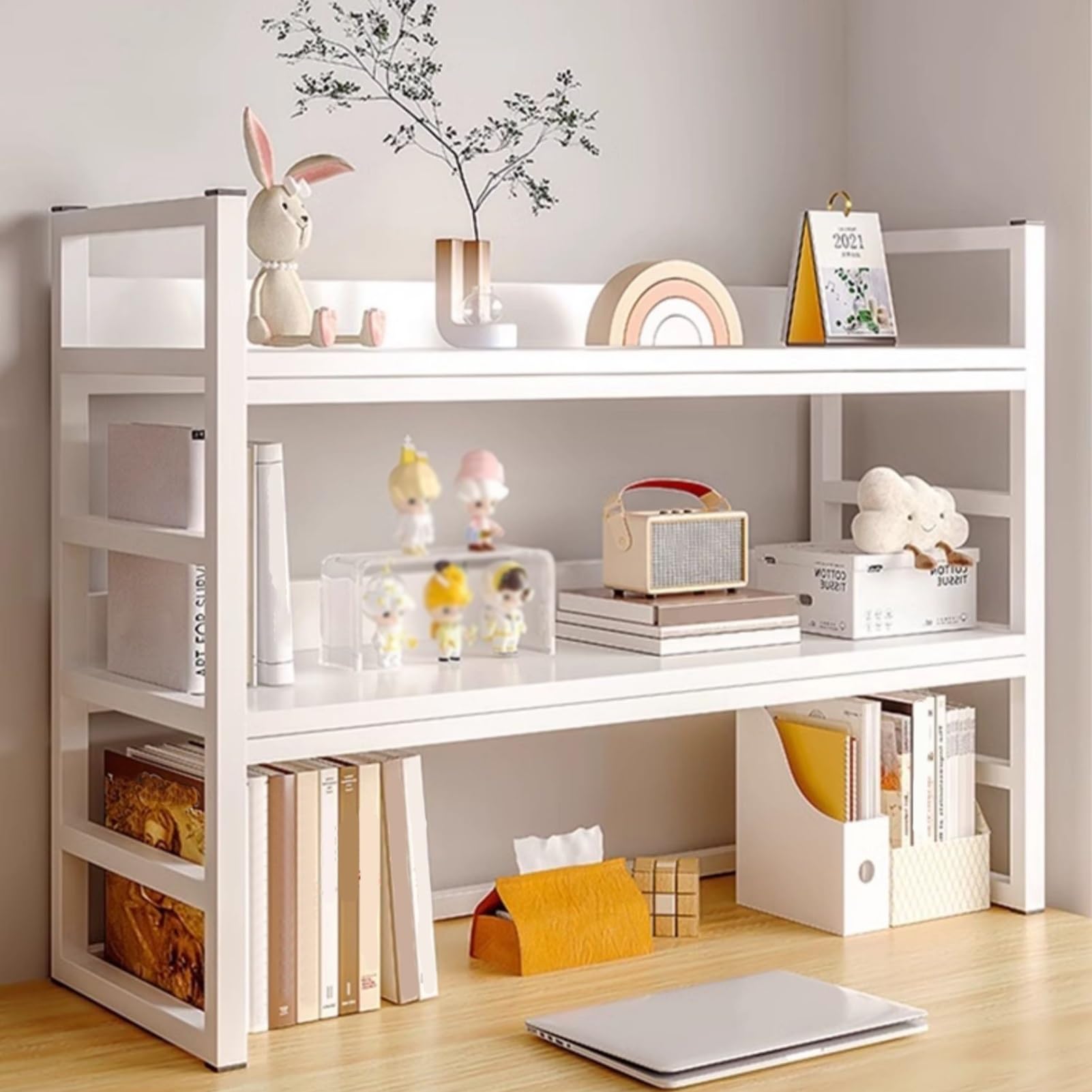 Schreibtisch-Organizer-Regal, Thekenaufsatz mit 2 Ablagen für Computertische, zur Aufbewahrung und Präsentation, für Büro, Wohnzimmer, Balkon, Arbeitszimmer (Weiß, 95 cm/37,5 Zoll)