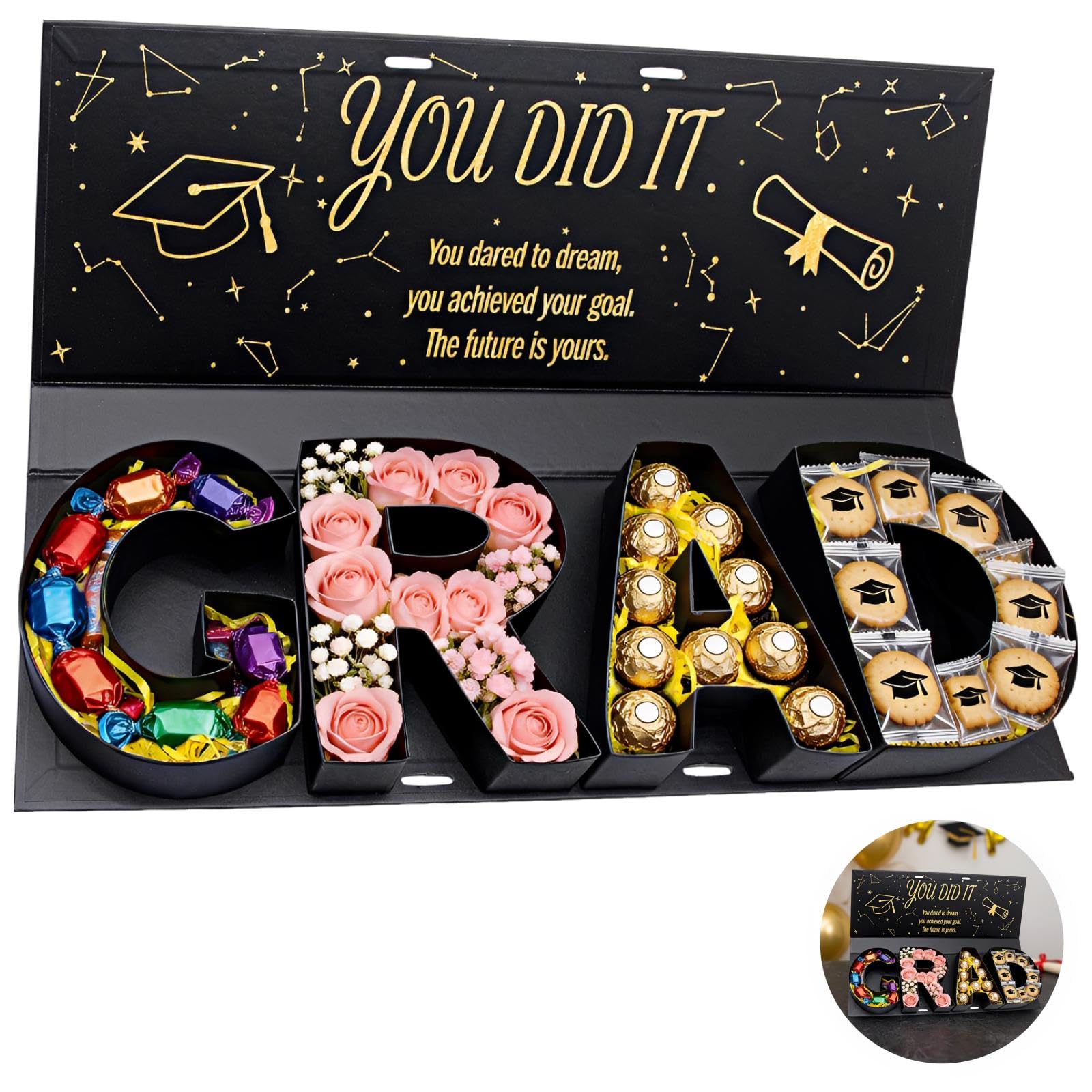 Geschenkbox zum Abschluss 2026, GRAD-Buchstabenform, befüllbare Box für Süßigkeiten und Blumen, DIY-Geschenkidee mit goldenem Glitzer-Congrats-Grad-Deckel und Band für Partydeko