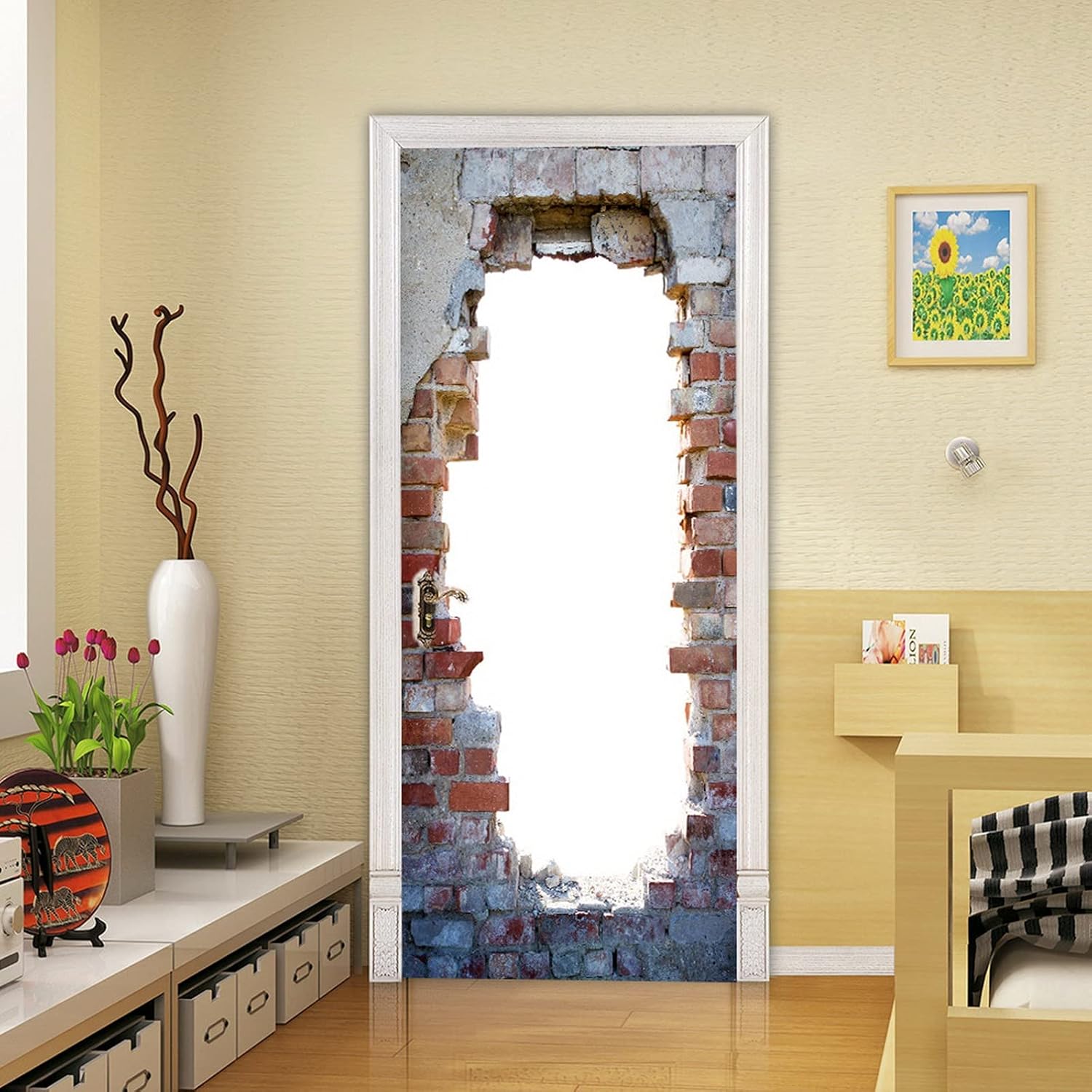 A.Monamour 3D Door Stickers for Interior Doors A Hole in The Red Brick Wall Texture Vinyl Waterproof Self Adhesive Door Mural Decals for Bedroom Office Bathroom 77 x 200 cm