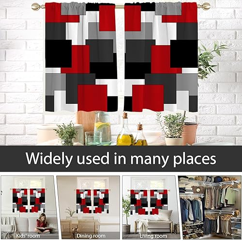 Miniatura 4 de AAtter Cortinas rojas y negras para ventana de cocina, blanco, gris, gris, abstracto, geométrico, cuadrado, pequeño, corto, hogar, sala de estar,