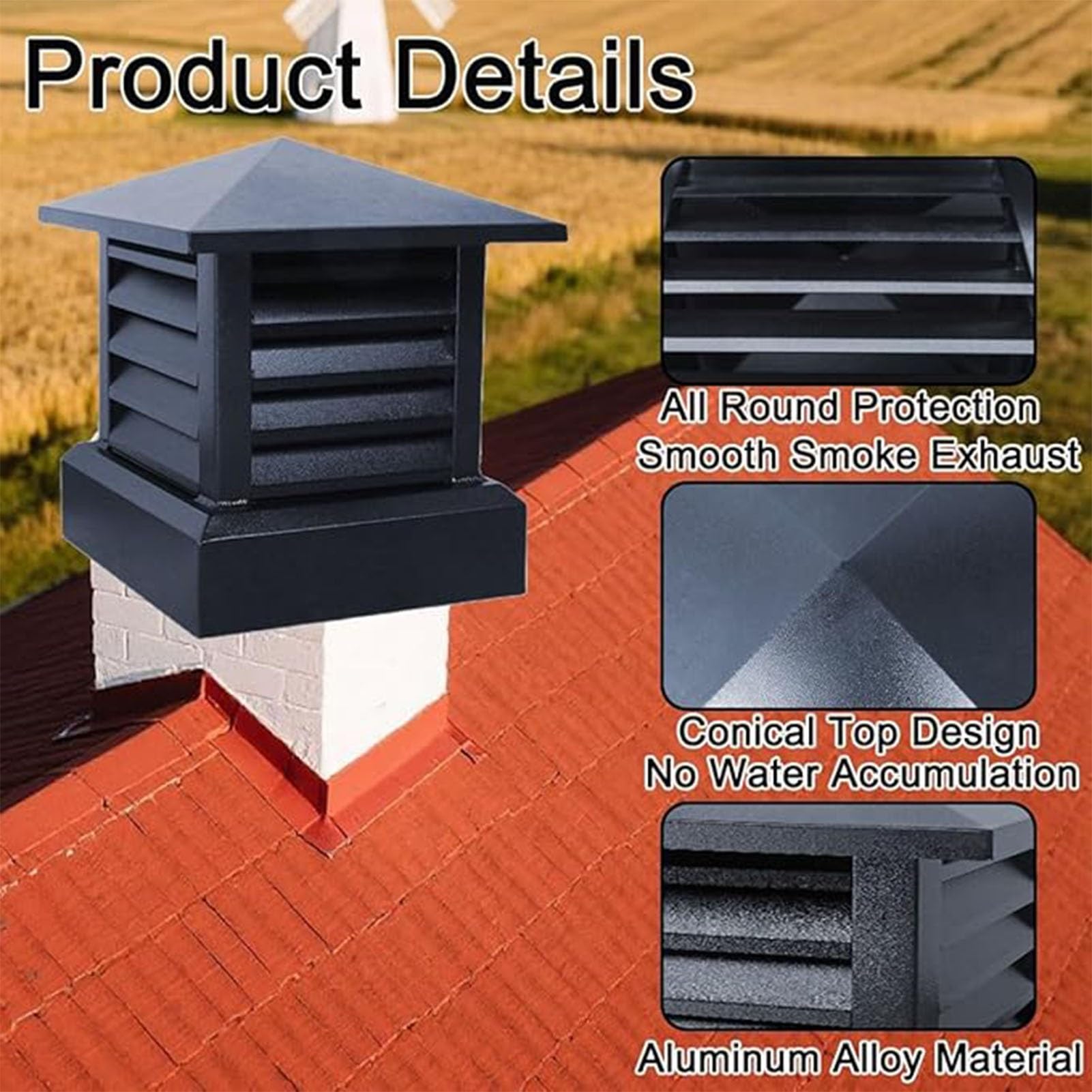 Tapones para Chimenea, Tapa de Chimenea de Aluminio Impermeable - Sombrerete y Rejilla de ventilación estándar de fácil instalación para ventilación de Techo Exterior (35 x 35 cm) - Duradero