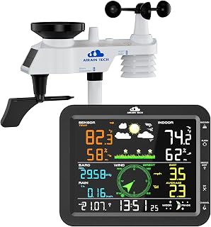 AIRAINTECH 10-in-1 Wireless Weather Station: Outdoor Sensor, Rain Gauge, Wind Speed/Dir, Temp/Humidity, Forecast, Moon Phase - No WiFi