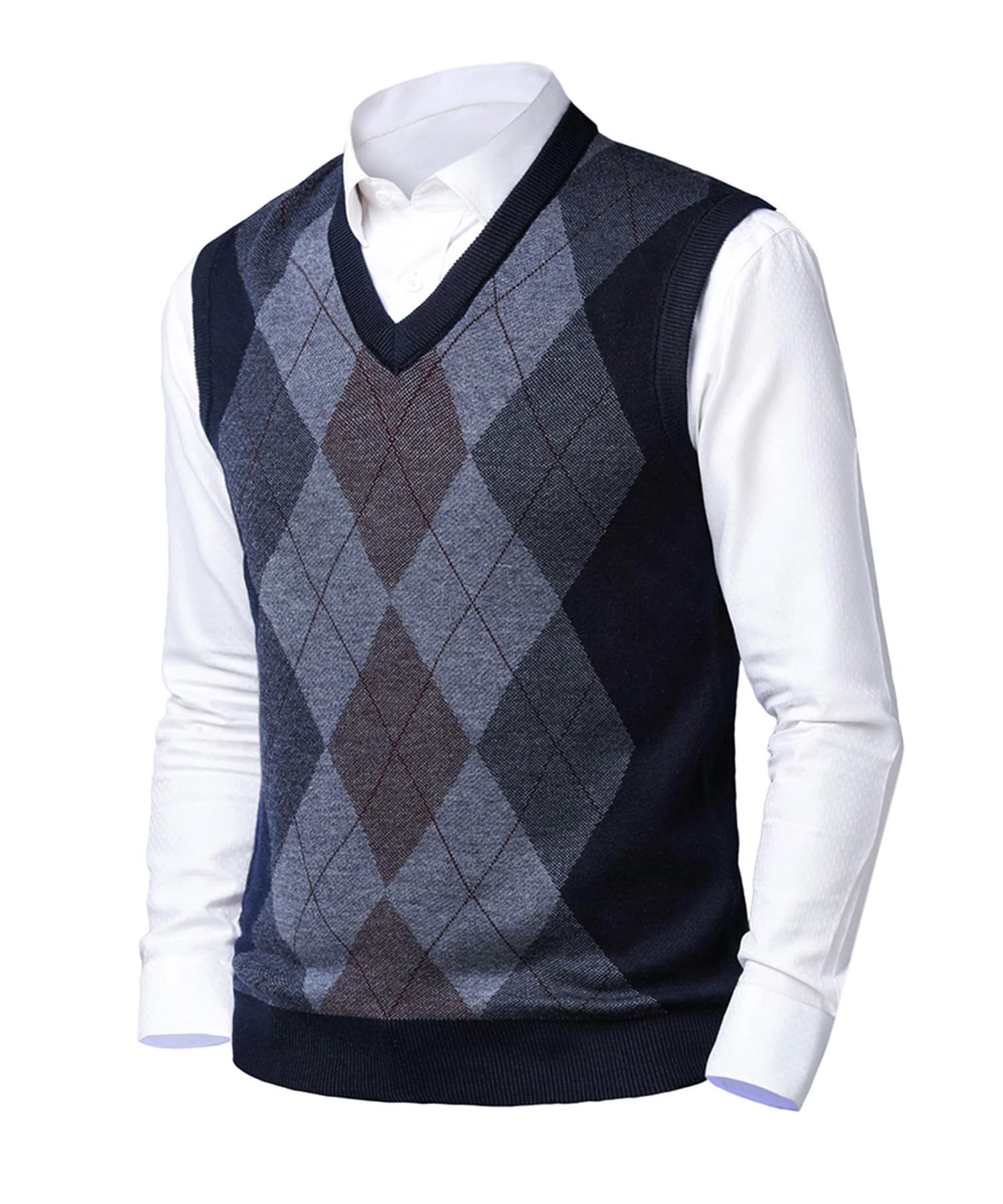 Homme Argyle Gilet en Laine sans Manches col V Pull Classique Gentleman Tricots Débardeurs Décontractée en Tricoté Veste Cardigan pour Automne Hiver