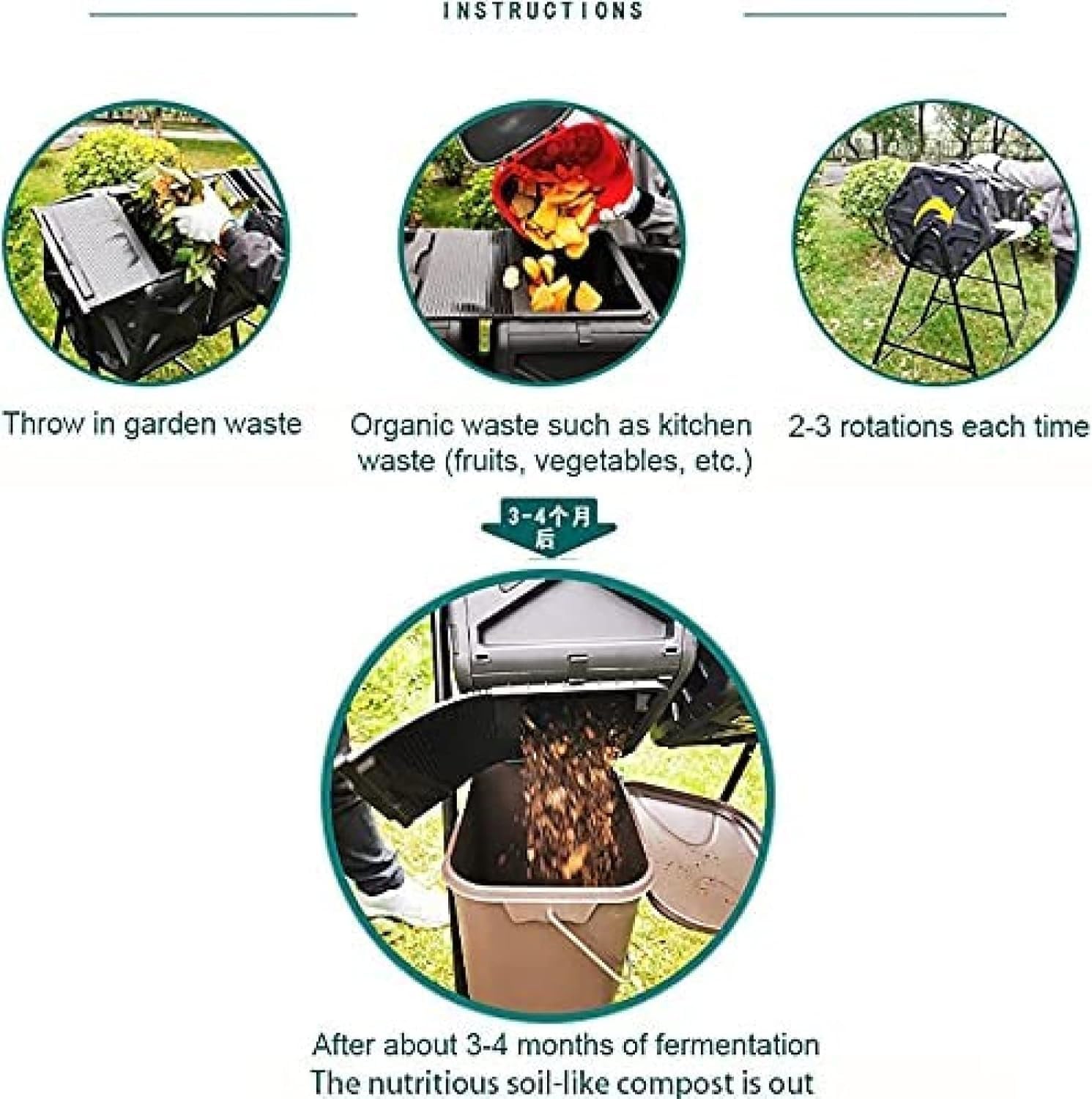 Compostiera A Tamburo Grande da 74 Galloni/280 Litri, Compostaggio per Esterni, Compostaggio da Giardino A Quattro Camere, Facile da Montare, Compostaggio per Rifiuti da Giardino