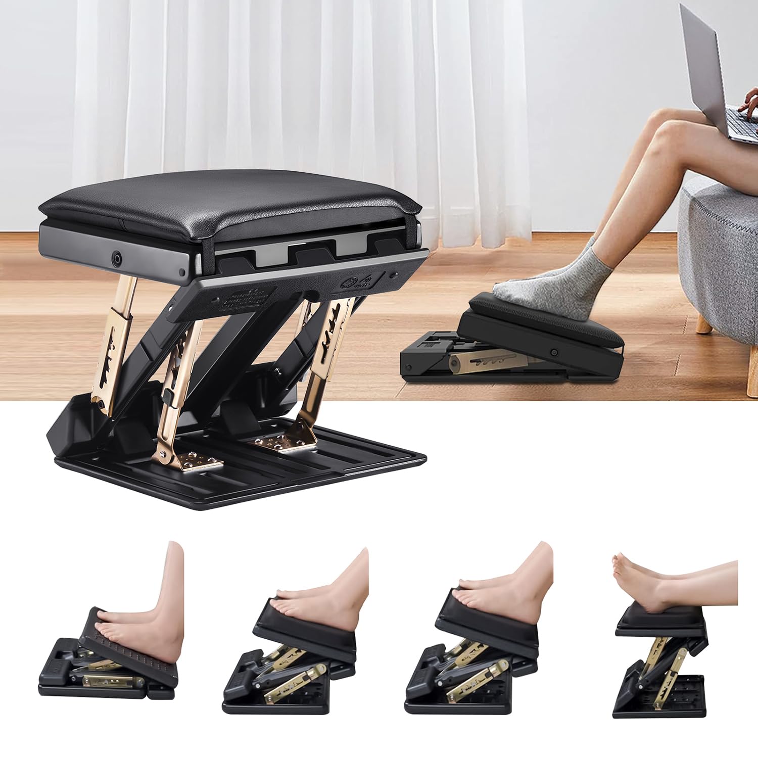 Fußhocker Höhenverstellbar, Fußstütze Schreibtisch, 4 Höhenverstellbar mit Massageperlen und Abnehmbarer Weicher Fußstütze, Ergonomischer Rutschfest Fußstützen für Büro Auto Zuhause Reise, Schwarz