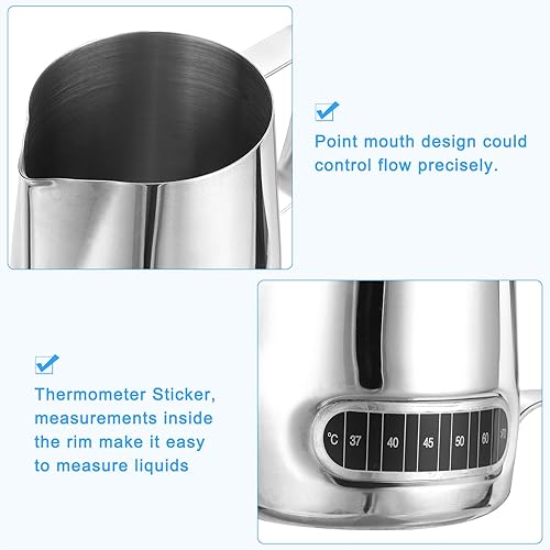 Miniatura 3 de uxcell Jarra de espuma de leche con termómetro integrado, taza de café de acero inoxidable de 12 oz11.8 fl oz, jarra de espuma de leche con asa para