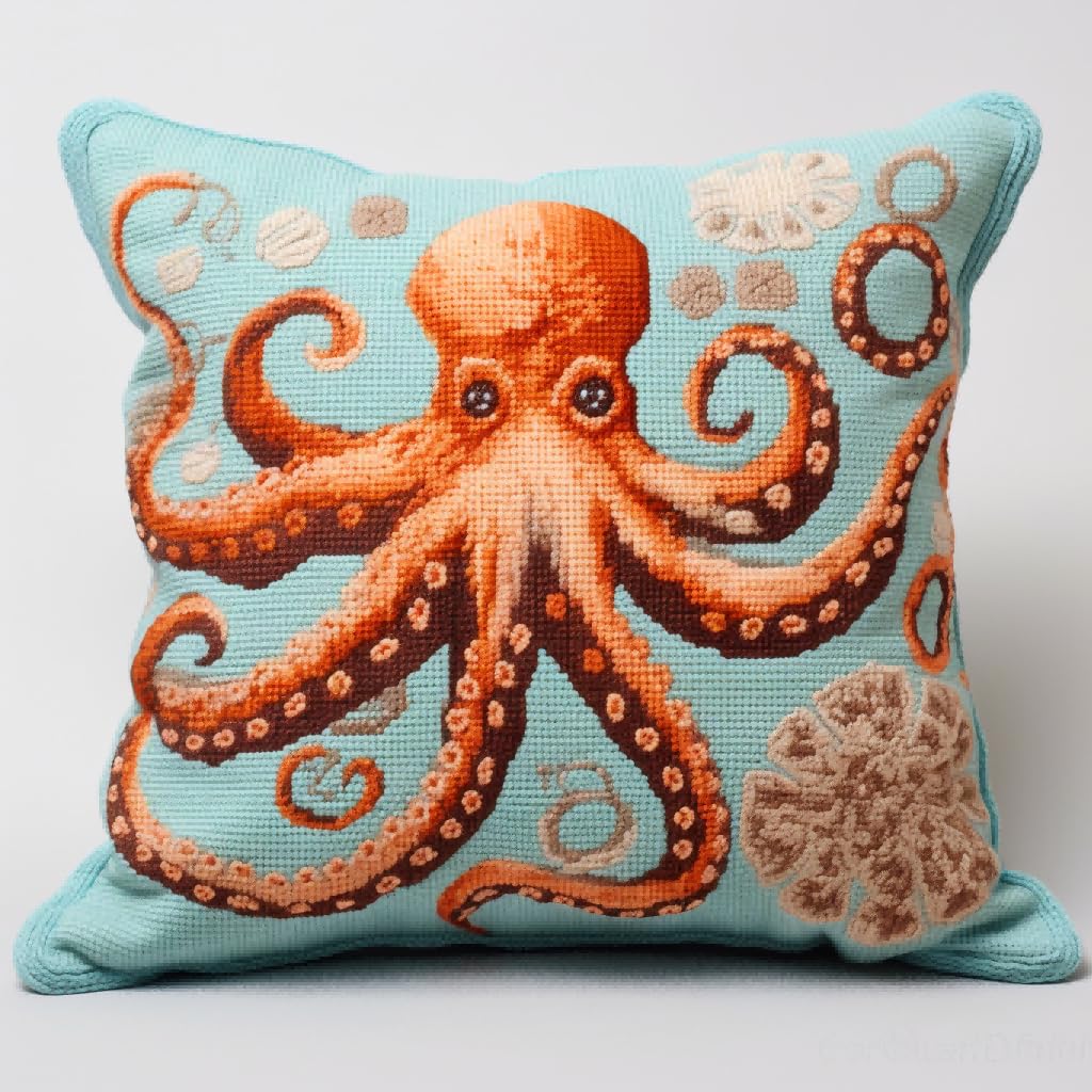 Taxpy DIY Latch Hook Pillow Kit Octopus Animal Latch Hook Kits for Beginners Adults Teenager Embroidery Kits Home Decoration 17x17in