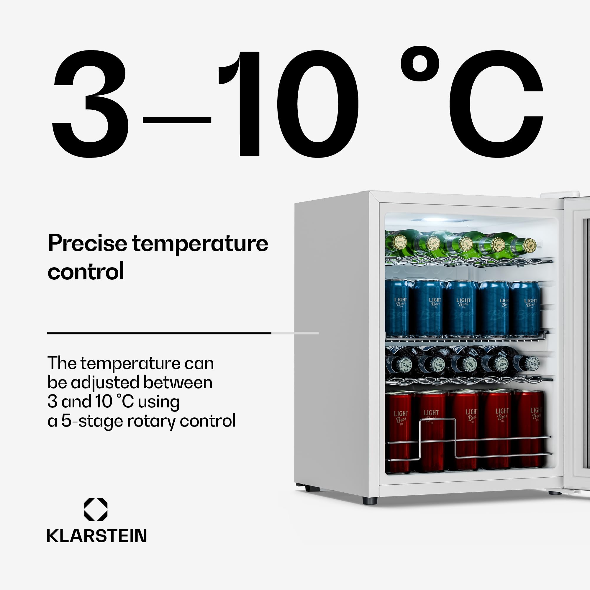 Klarstein Beersafe 60 L Mini Lodówka ze Szklanymi Drzwiami – Lodówka na Napoje, Biały | oświetlenie LED, wyjmowane metalowe półki, cicha, lodówka na piwo i napoje, puszki i butelki