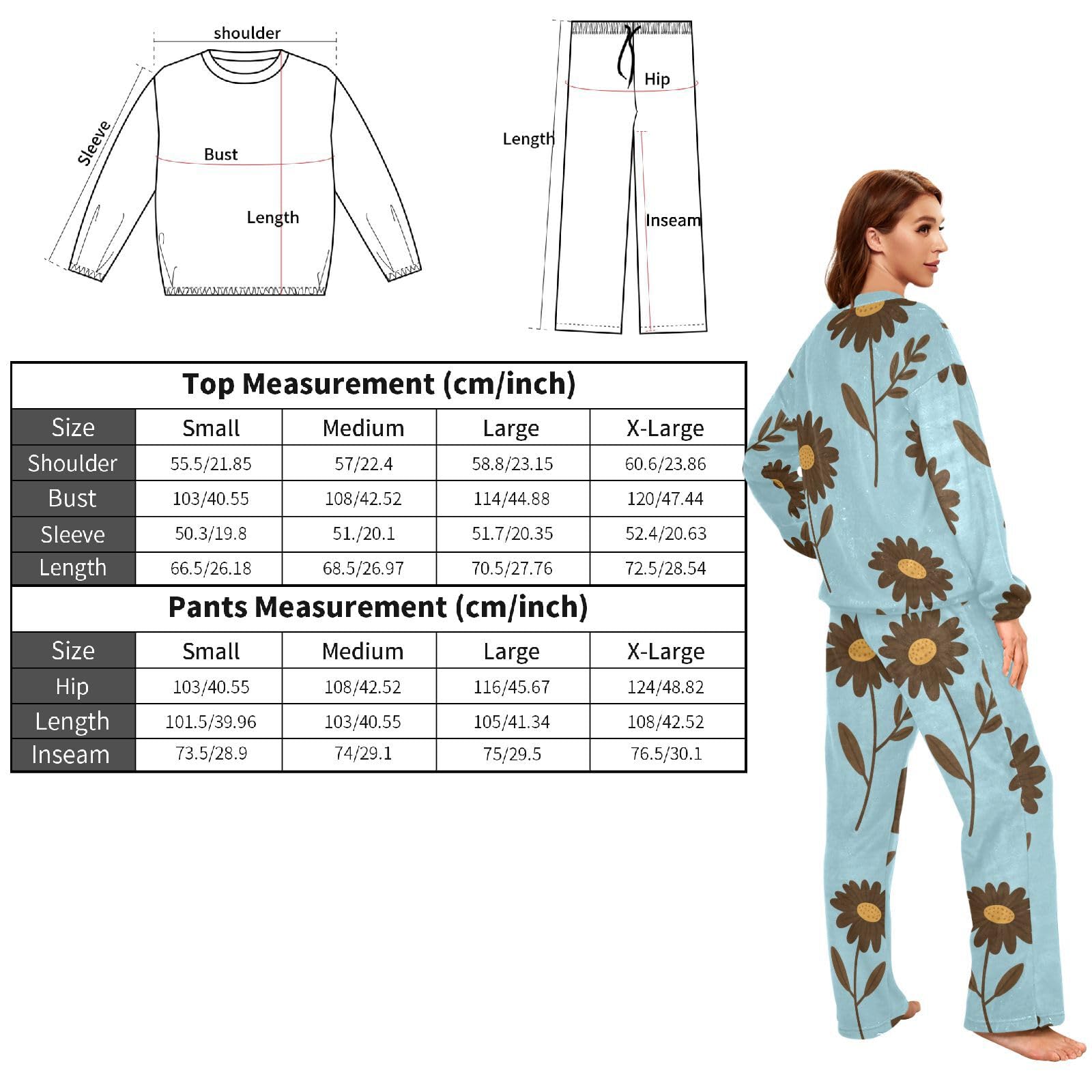 Moda Moda Fiore Marrone Blu Classico Donne Pigiami In Pile Manica Lunga Girocollo Pj Set