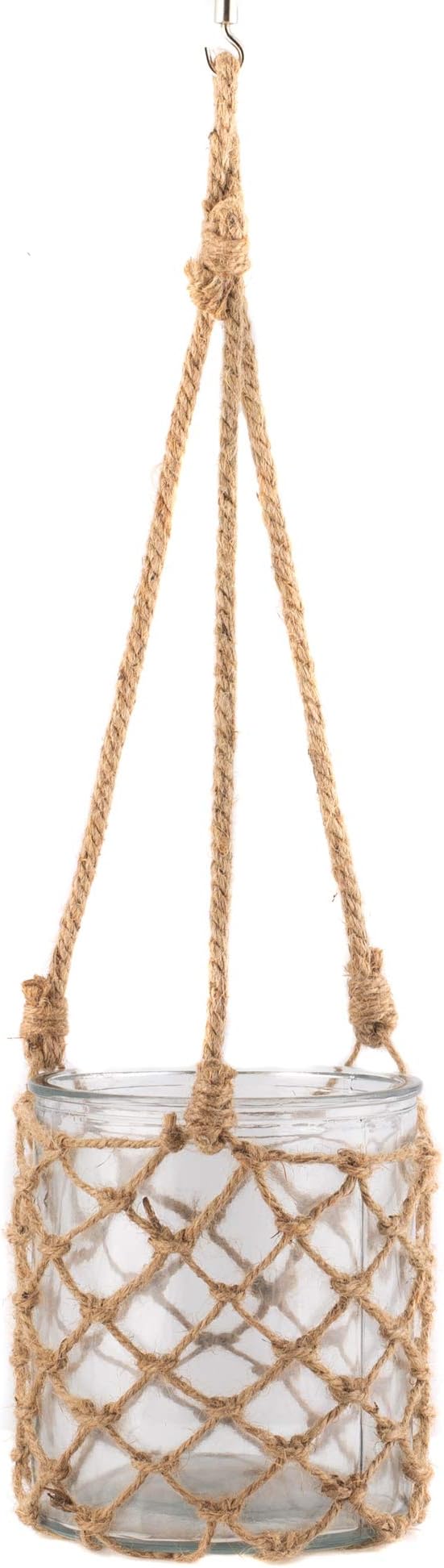 Honey and Me Large Macrame Jute Rope Netting Glass Jar 7 x 6 Inch Nautical Inspired Hanging Lantern Decoration