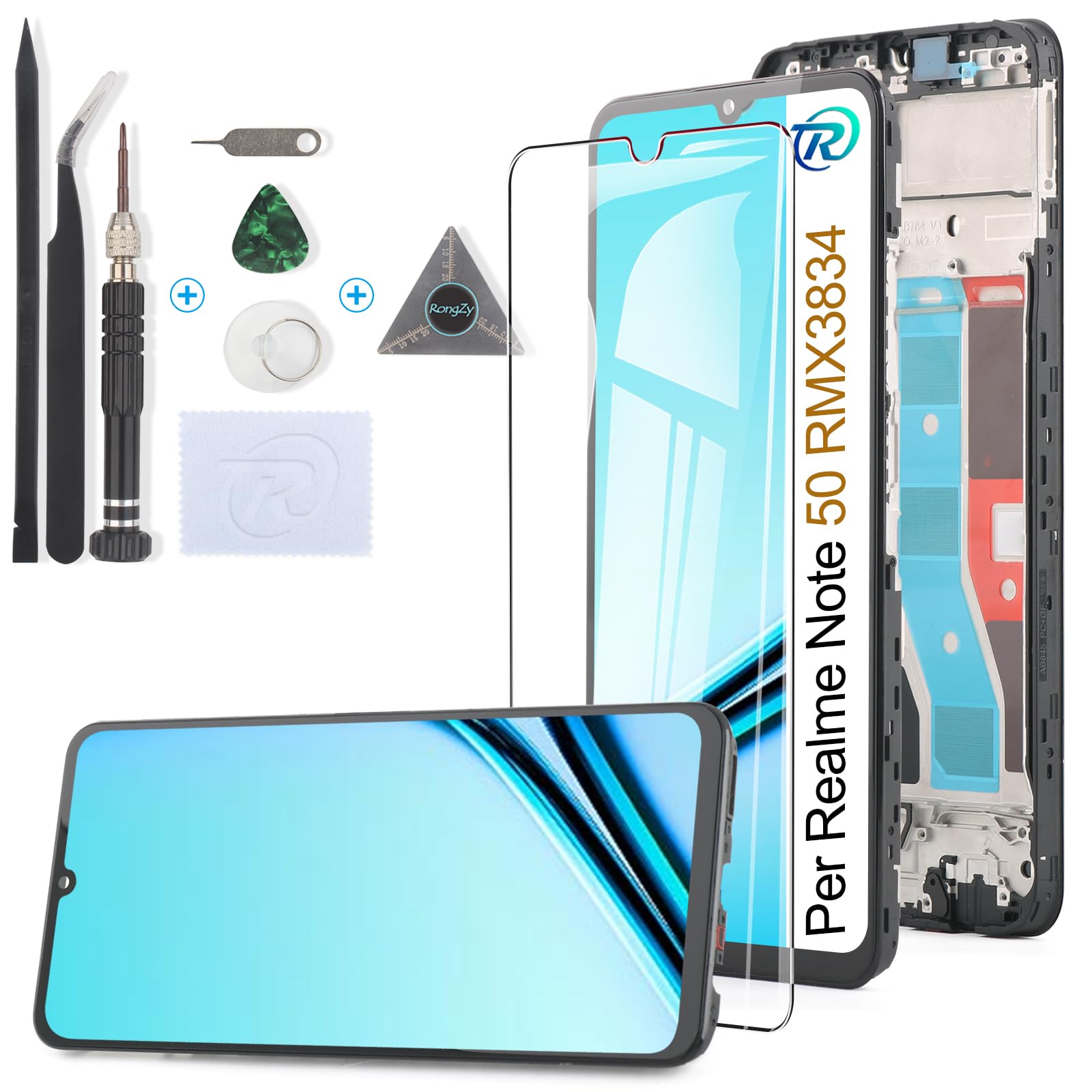 RongZy LCD Display per Realme Note 50 RMX3834 Schermo LCD per Realme Note 50 Touch Screen Assemblea Sostituzione di Vetro Digitalizzatore con Strumenti(6.74", Nero con Cornice)
