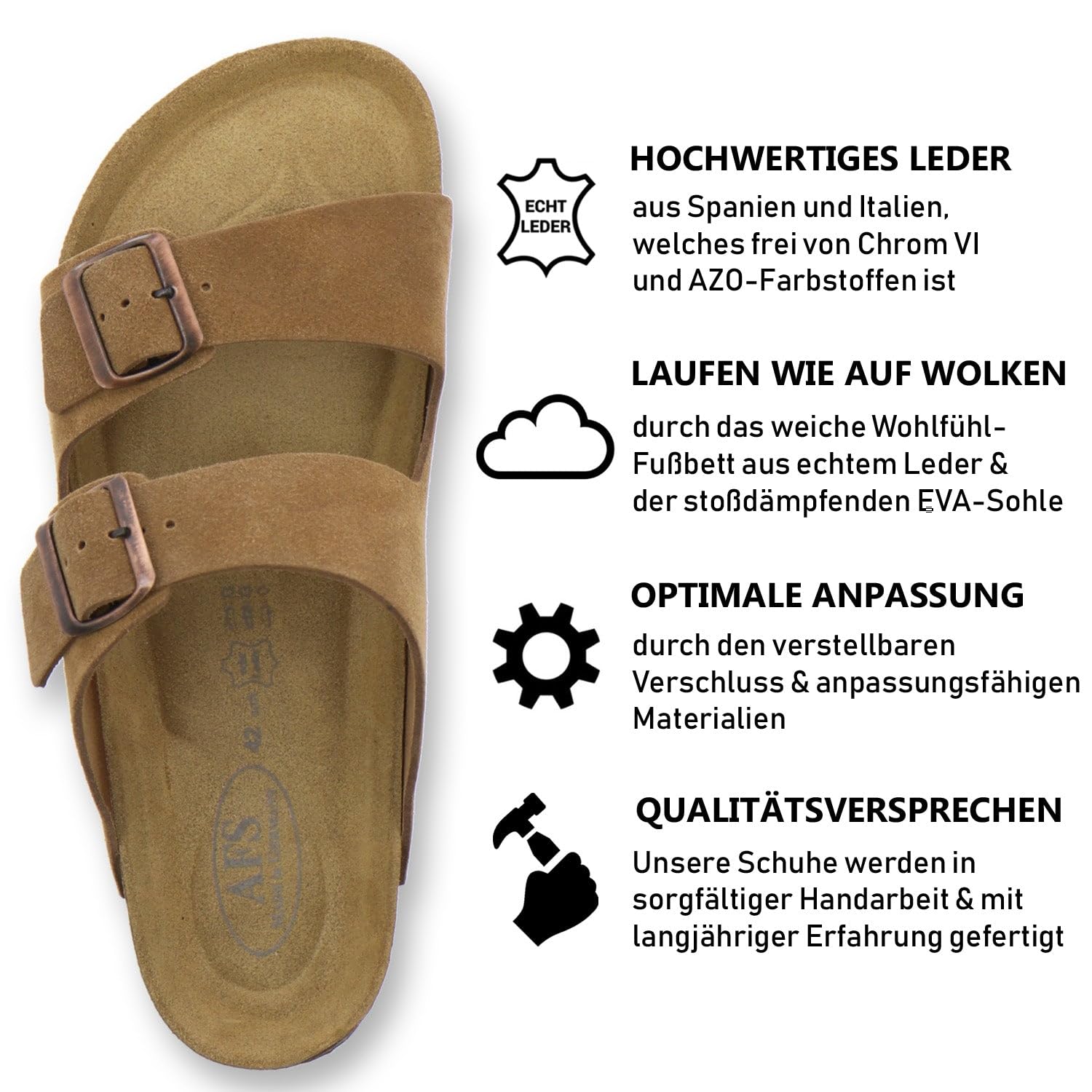 AFS-Schuhe, 3100 - Comodi sandali da uomo, in pelle, da casa e da lavoro, prodotti in Germania