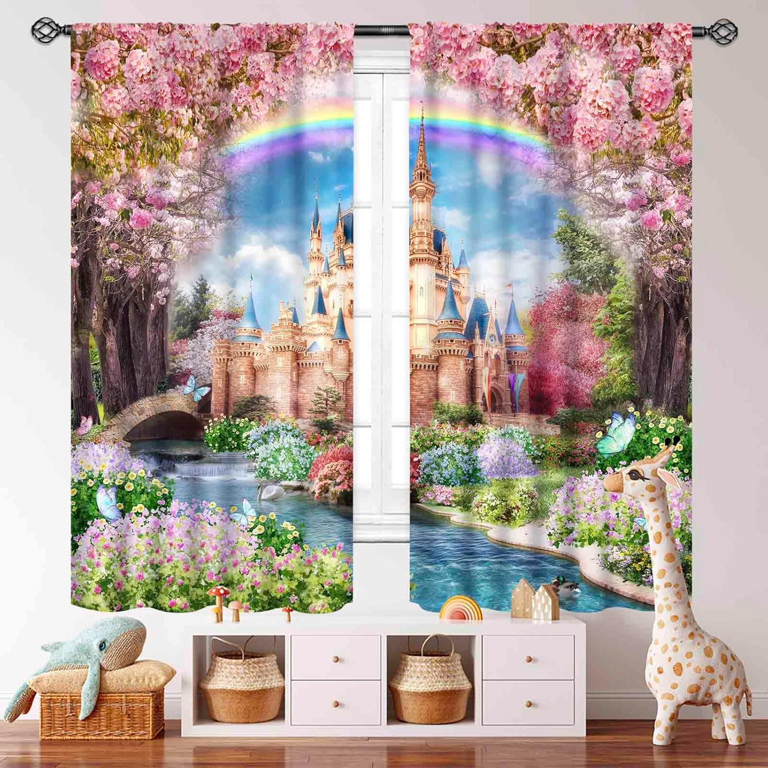 Castle Curtains for Girls Room,Fantasy Magic Castle Pink Cherry Floral Rainbow Window Treatments for Kids Girls Bedroom Living Room Nursery Drapes 2 Panel,63X72 Inch