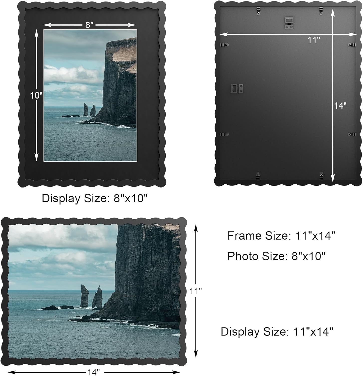 11x14 Wavy Picture Frame With Mat For 8x10, Wavy Edge Wooden Picture Frame with Real Glass - Wall Mount Display, Black, 2 Pack