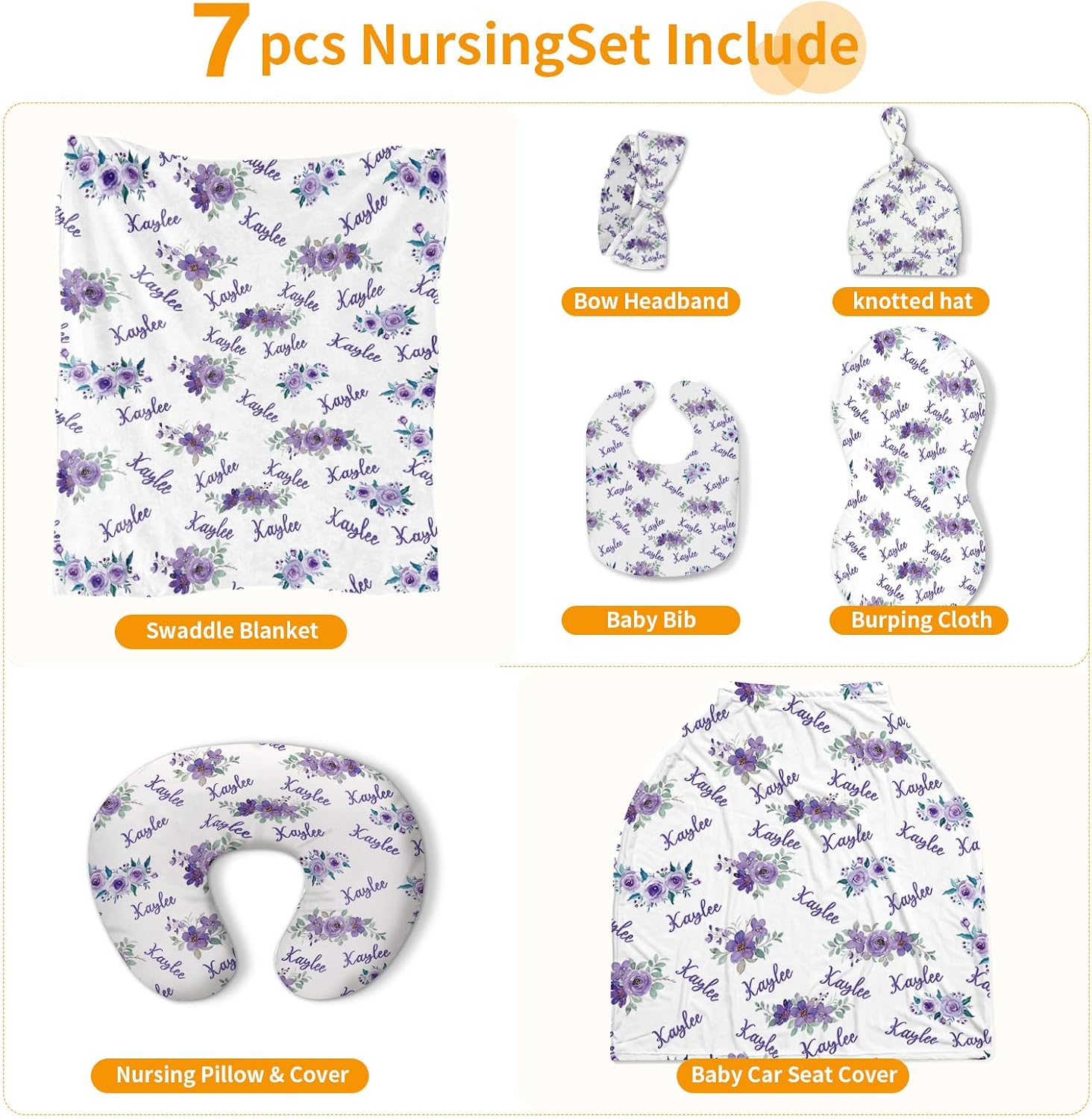 Custom Baby Nursing Swaddling Set: Personalized Custom Name Swaddle Blanket Car Seat Cover Bow Headband Hat Nursing Pillow for Infant Girl Boy Purple Blossom Pattern
