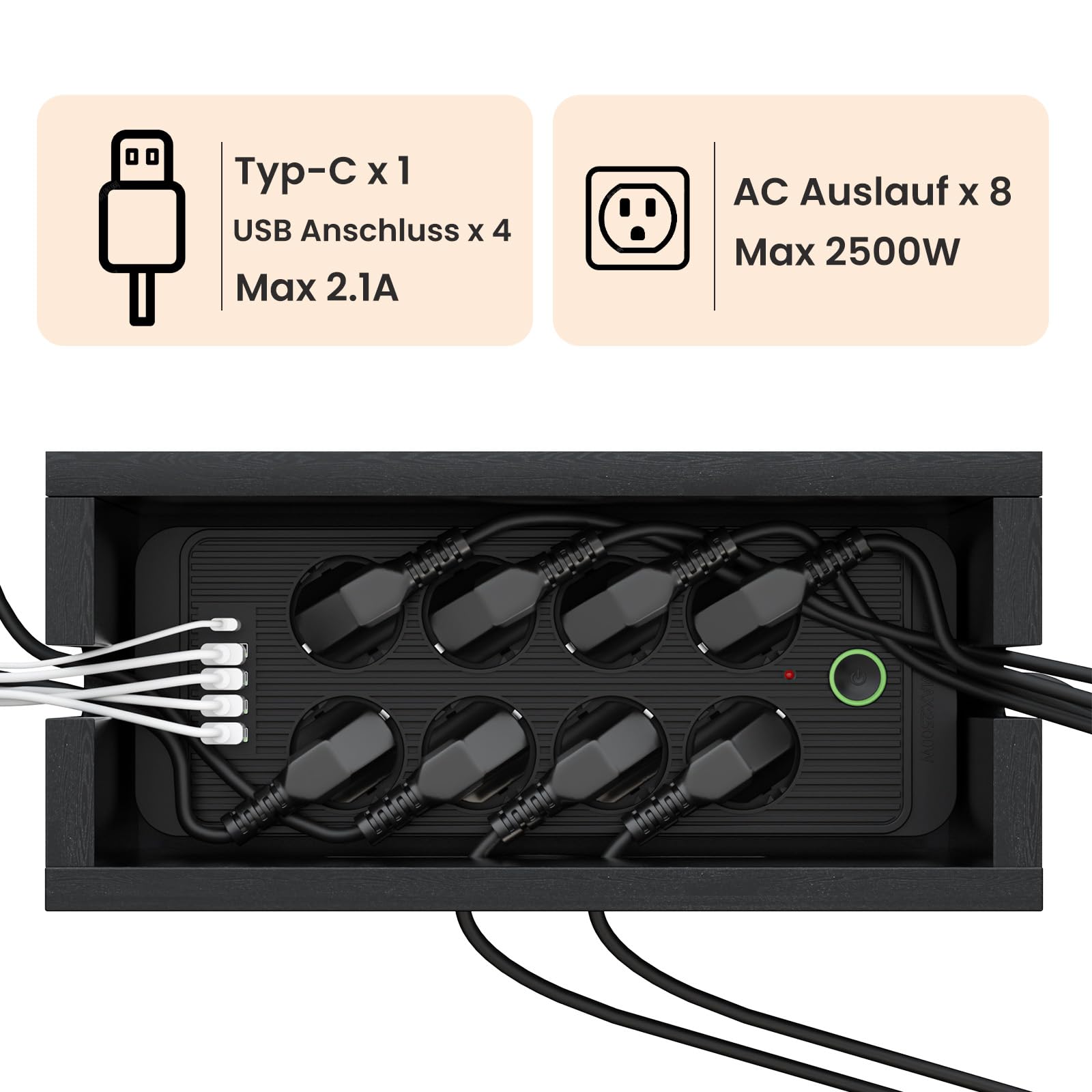 Scatola per cavi in legno con ciabatta multipresa, stazione di ricarica organizer con 8 prese, 4 USB e 1 ricarica rapida di tipo C, protezione da sovratensione con cavo di prolunga da 200 cm, per