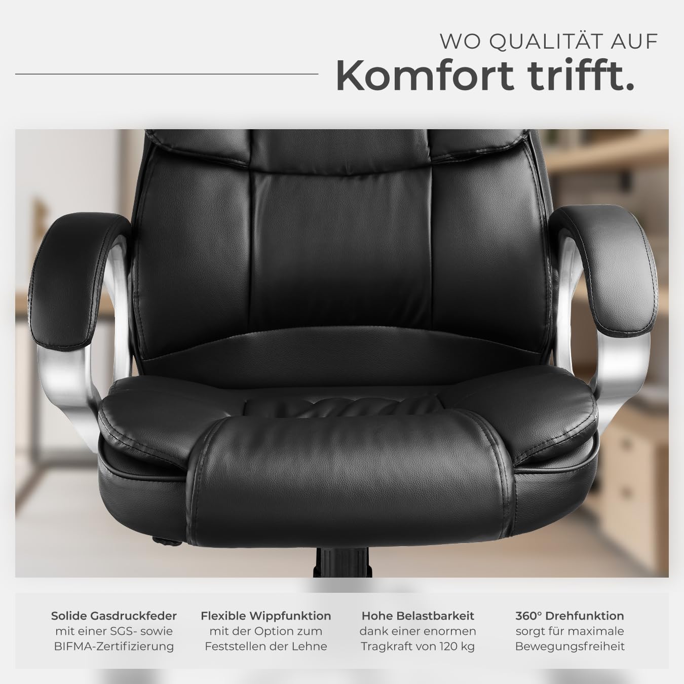 tectake® Chefsessel, Bürostuhl mit 12 cm Polsterung, Schreibtischstuhl mit Armlehnen & Wippfunktion, ergonomischer Bürostuhl, höhenverstellbar, PC Stuhl, Drehstuhl mit Rollen in Lederoptik - schwarz
