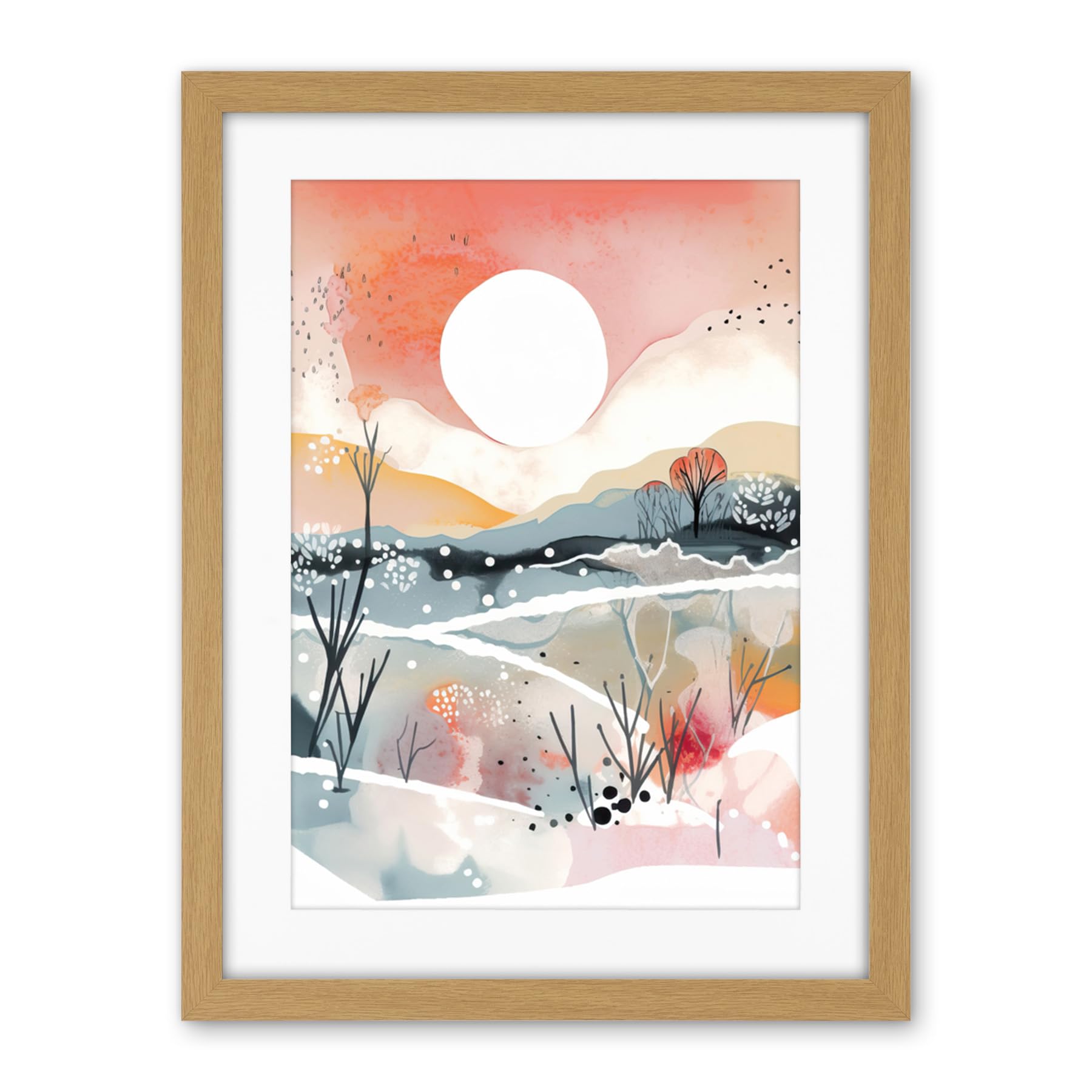 Artery8 Sunset in Winter Landscape Boho Modern Folk Art Artwork Framed Wall Art Print 18X24 Inch