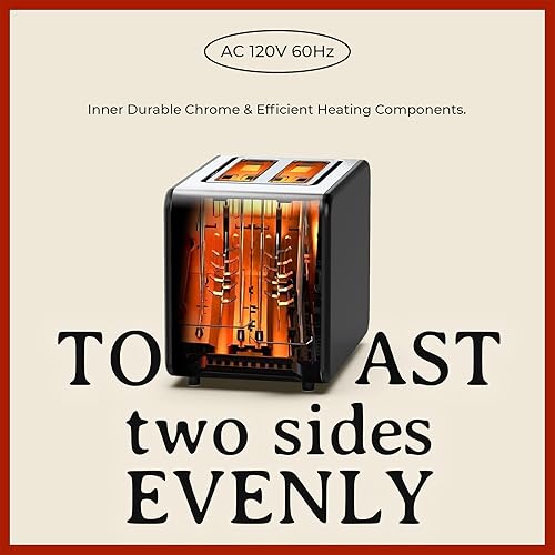 Miniatura 5 de YIOU Tostadora de 2 rebanadas, tostadora de 2 rebanadas de acero inoxidable de 1.5 pulgadas, ranuras extra anchas de 1.5 pulgadas, 6 ajustes de