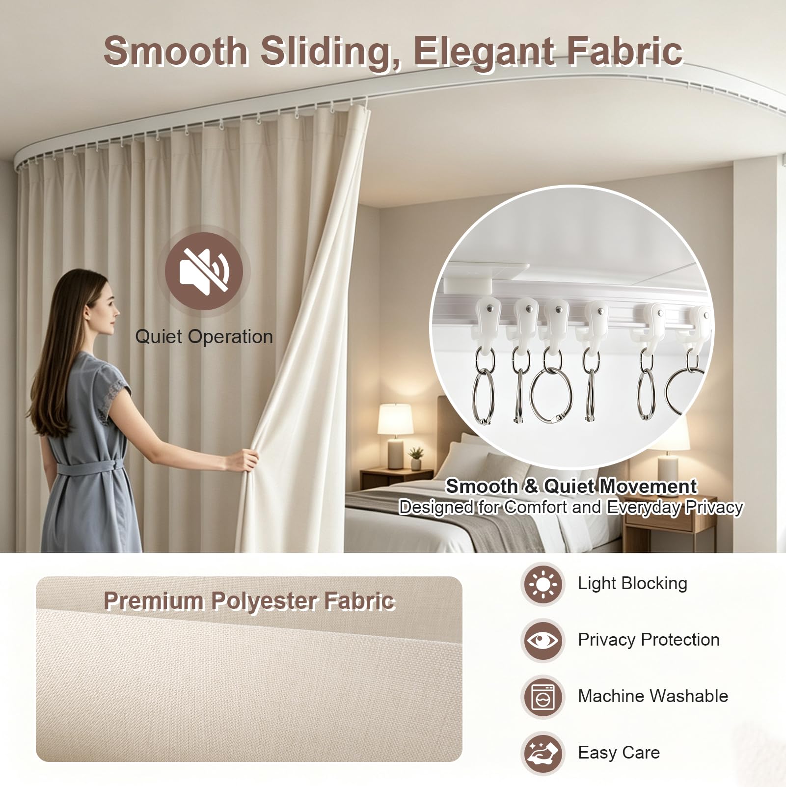 Rideau Séparation Pièce avec Rail Flexible 270cm, Séparateur de Pièce Beige | Séparez Facilement Votre Espace avec Rail Plafond Flexible, Rideau 254x213cm, pour Chambre, Salon, Bureau et Dressing