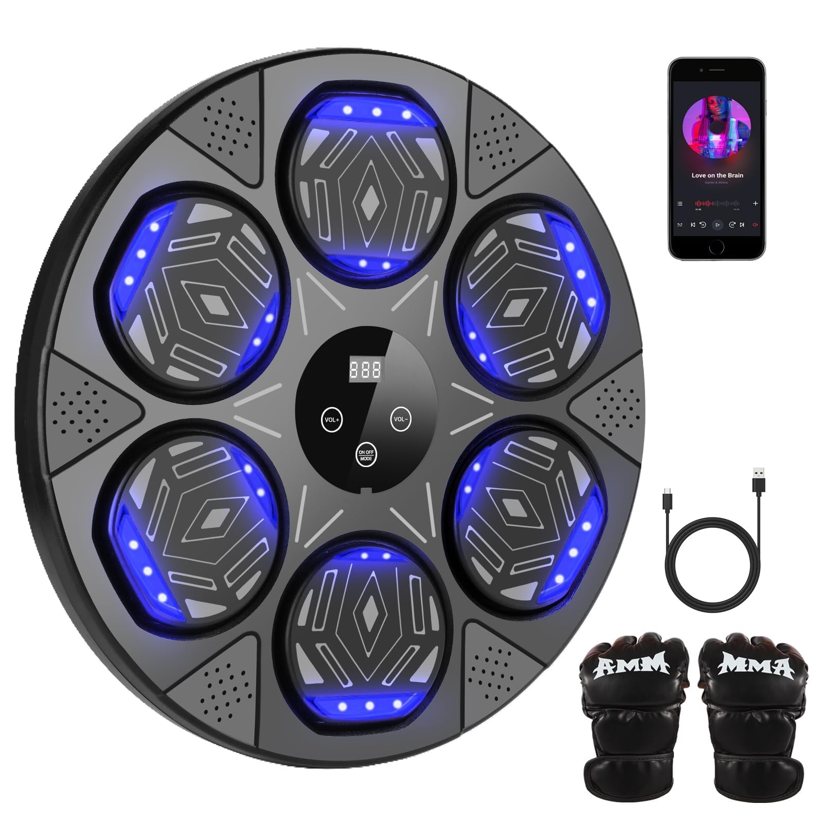 Máquina de Boxeo con Música, Máquina de Boxeo de Montaje en Pared, Entrenador de Boxeo Inteligente Bluetooth con Luz LED, 7 Modos de Velocidad, Guantes de Boxeo para Adultos y Niños para