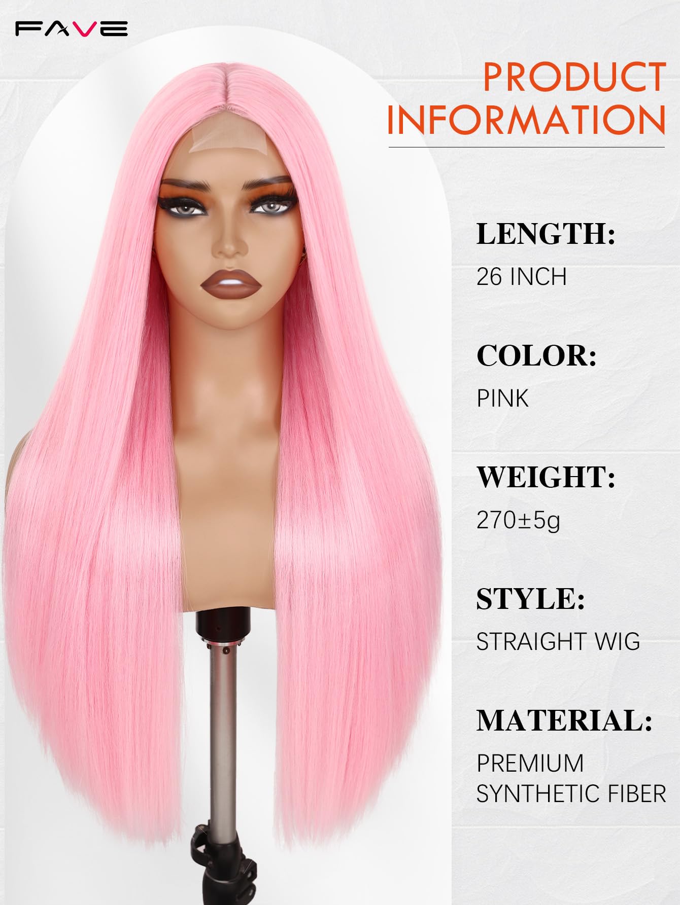 FAVE Perruque rose 65 cm synthétique pour femmes résistante à la chaleur, longue avec raie au milieu, aspect naturel rose clair, idéale pour quotidien/fête/cosplay