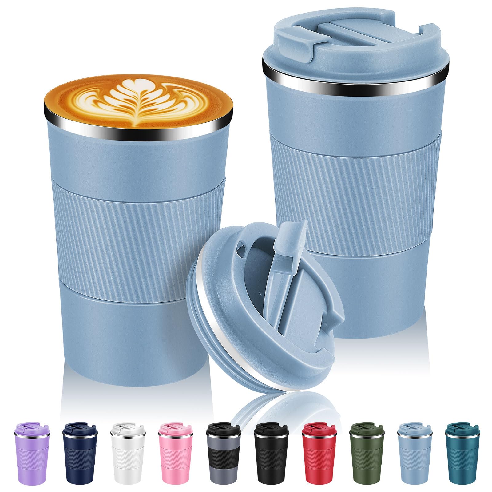 Volhoply 380ml 13oz Stainless Steel Insulated Travel Coffee Mug with Fip Lid Bulk 2 Pack,Reusable Double Wall Vacuum Metal Coffee Cup,Portable Leak Proof Tumbler for Hot & Cold Drinks(Fog,2)