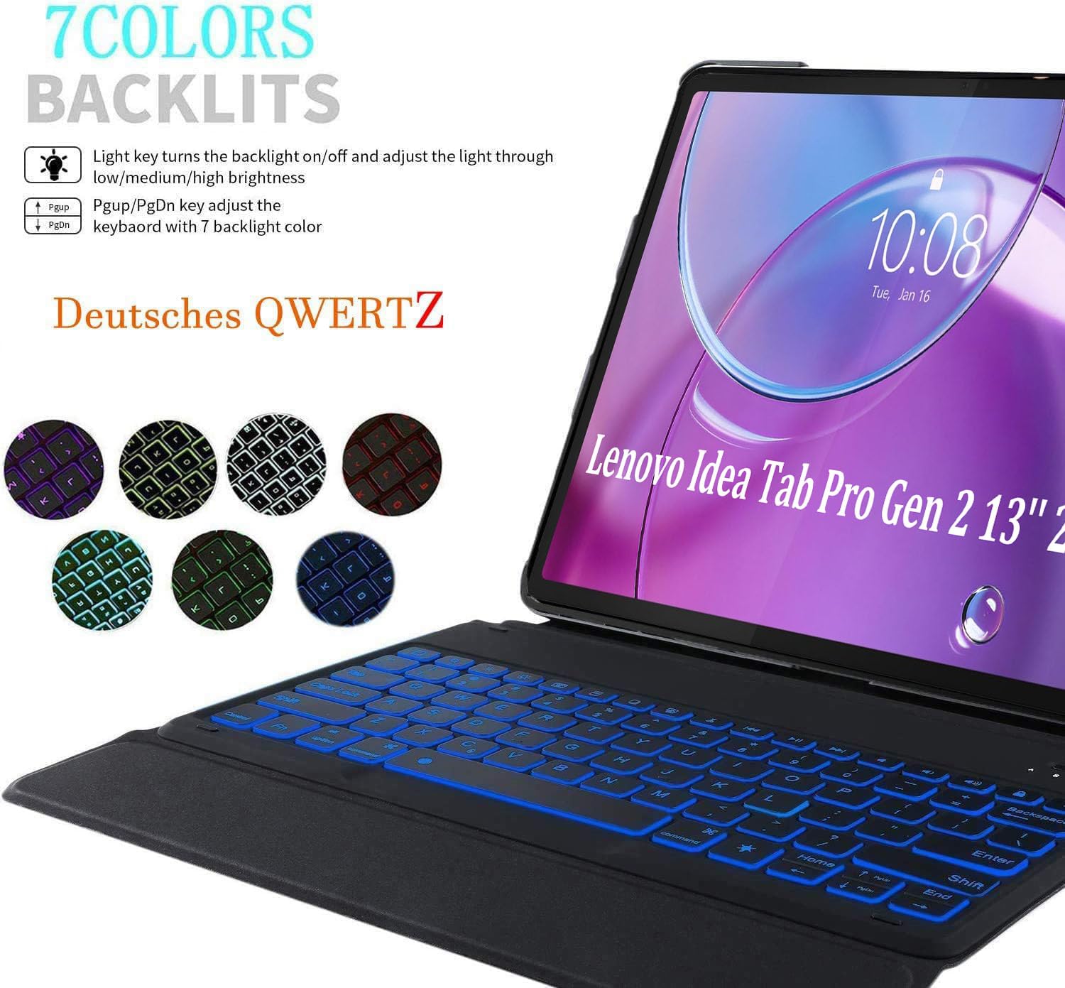 Custodia con tastiera per tablet Lenovo Idea Tab Pro Gen 2 da 13 pollici 2026, QWERTZ tedesco, ultrasottile, con illuminazione a 7 colori, tastiera wireless con custodia protettiva, rosa