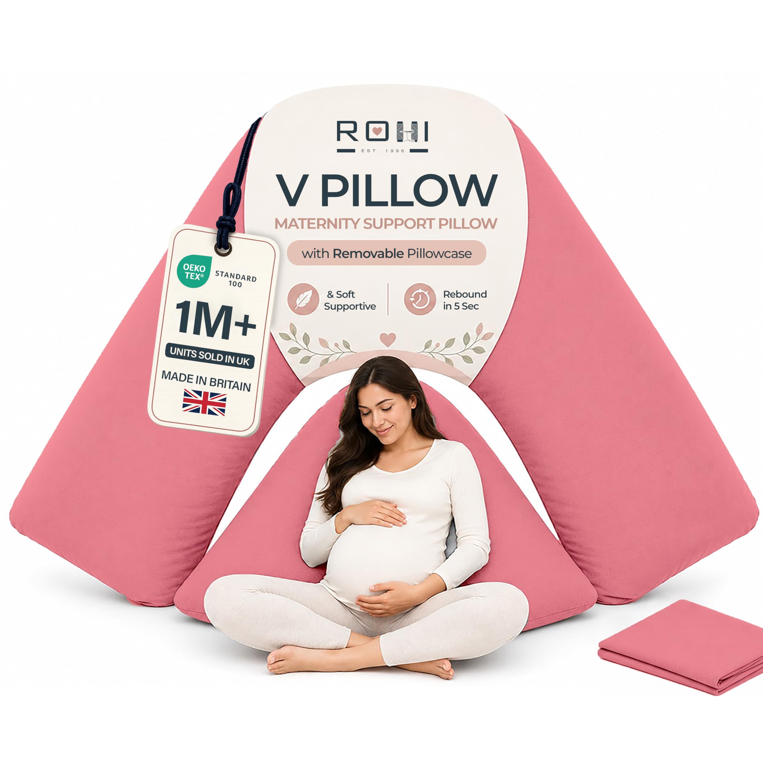 Rohi Orthopaedic V Pillow with Pillowcase – Anti Allergy Triangle pillows for Adults, Nursing, Maternity & Pregnancy – Extra Hollowfibre Cushioning to Supports Neck, Head & Back (Baby Pink)