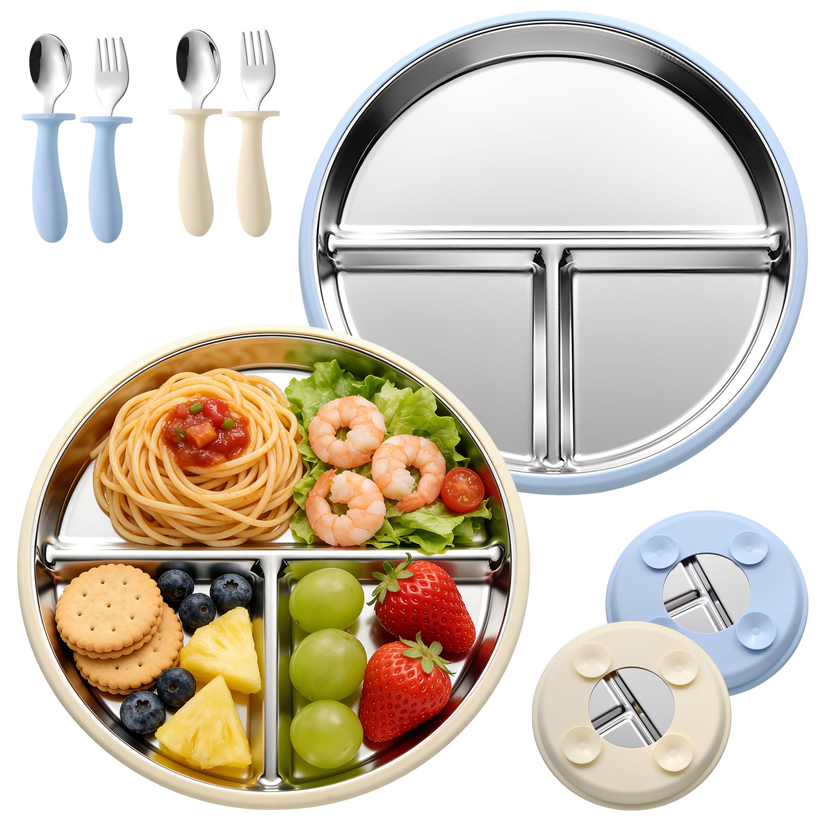 2 Assiettes En Acier Inoxydable Avec Ventouse Pour Bébé Et Set De 2 Cuillères Et Fourchettes, Ustensiles Pour Bébé, Assiettes Divisées Pour L'Alimentation Autonome