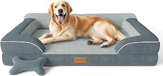 CWAWZ XL Orthopedic Dog Bed 42" Extra Large Cooling Gel Memory Foam, Waterproof Washable Dutch Velvet Sofa with Bone Toy, Dark Gray